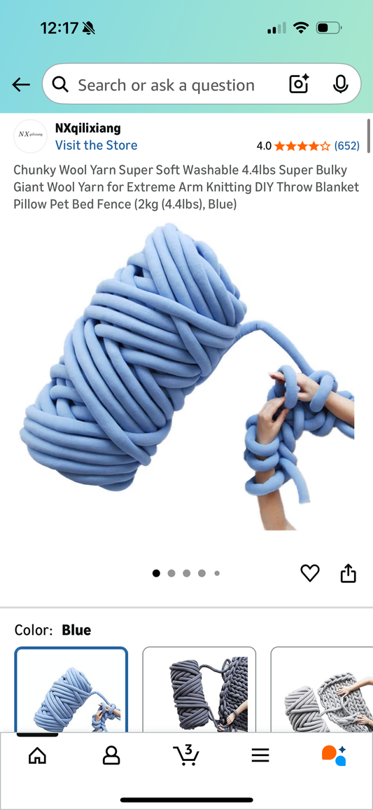 Chunky Wool Yarn Super Soft Washable 4.4lbs Super Bulky Giant Wool Yarn for Extreme Arm Knitting DIY Throw Blanket Pillow Pet Bed Fence (2kg (4.4lbs), Blue)