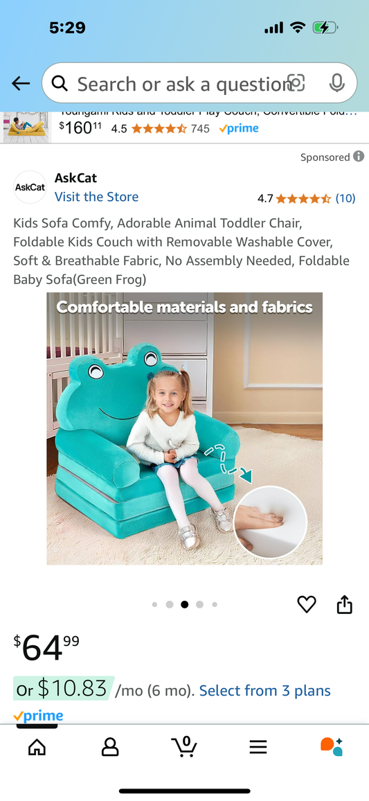 Kids Sofa Comfy, Adorable Animal Toddler Chair, Foldable Kids Couch with Removable Washable Cover, Soft & Breathable Fabric, No Assembly Needed, Foldable Baby Sofa(Green Frog)