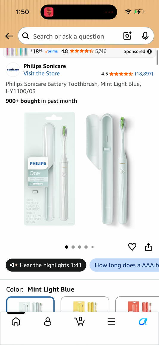 Philips Sonicare Battery Toothbrush, Mint Light Blue, HY1100/03