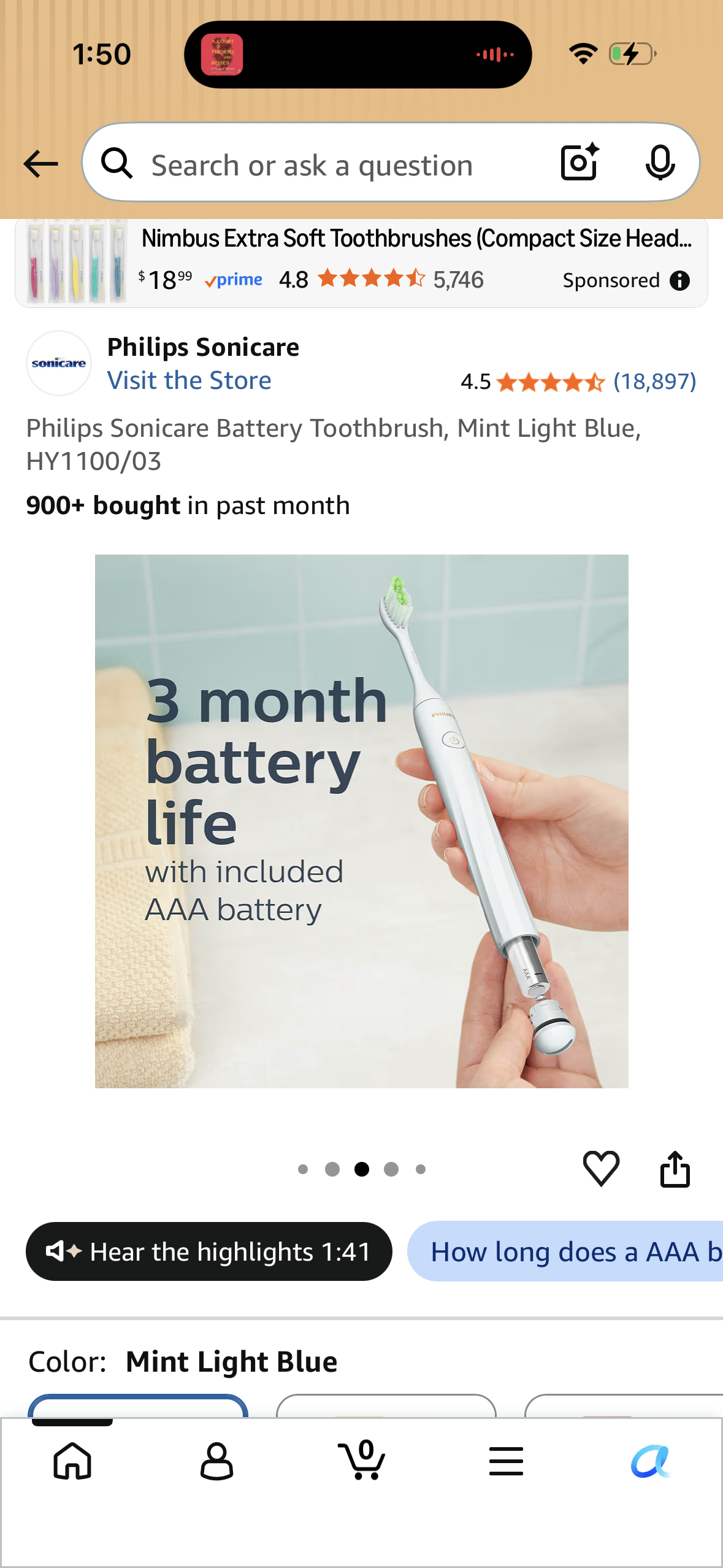 Philips Sonicare Battery Toothbrush, Mint Light Blue, HY1100/03
