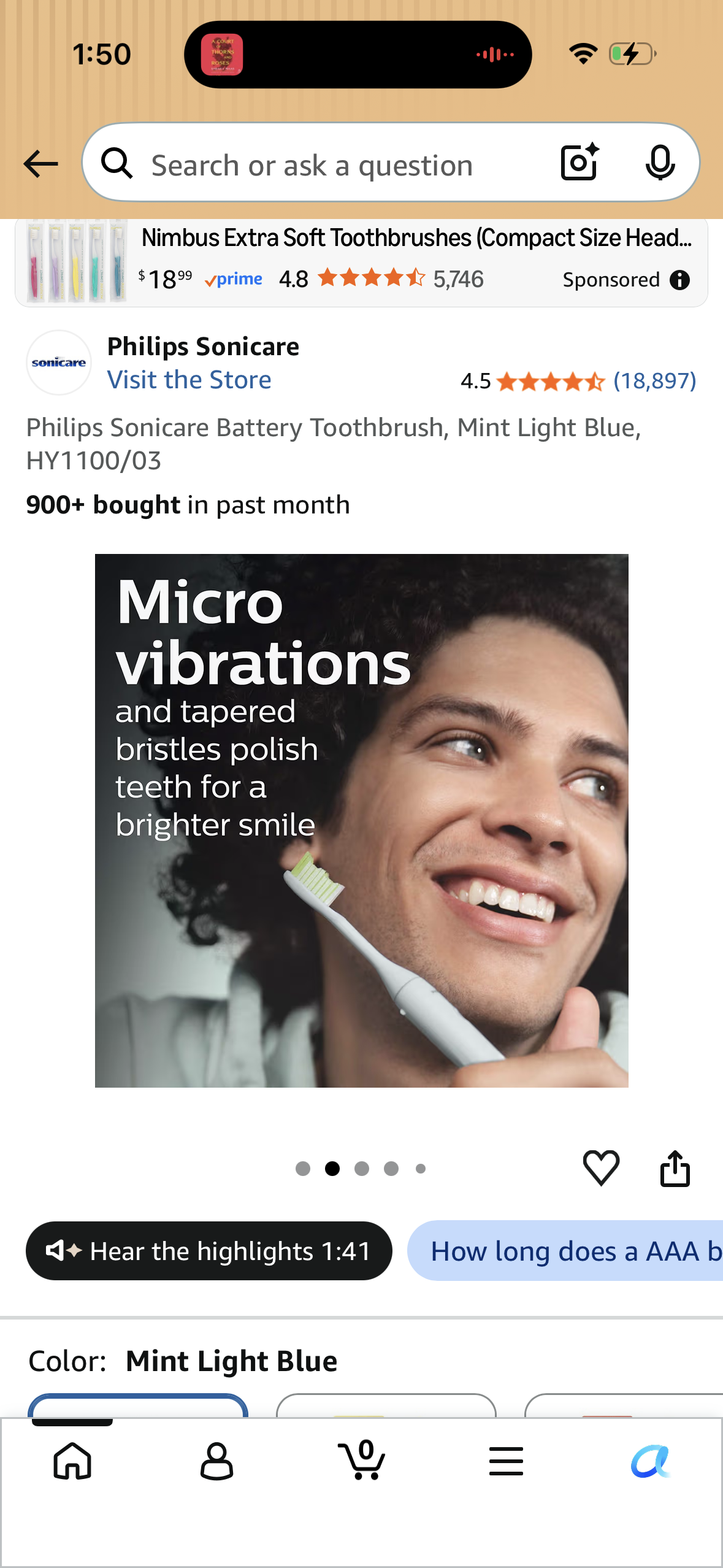 Philips Sonicare Battery Toothbrush, Mint Light Blue, HY1100/03