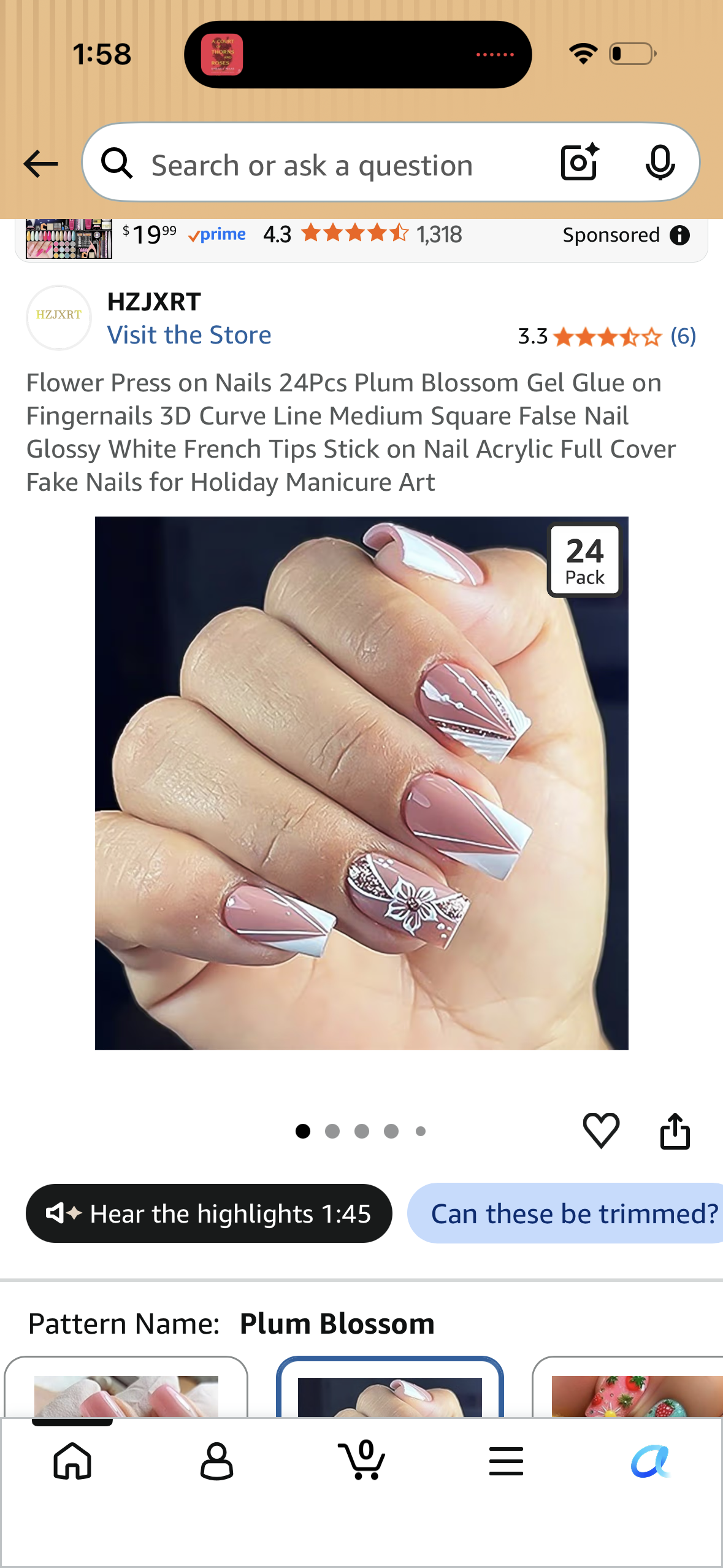 Flower Press on Nails 24Pcs Plum Blossom Gel Glue on Fingernails 3D Curve Line Medium Square False Nail Glossy White French Tips Stick on Nail Acrylic Full Cover Fake Nails for Holiday Manicure Art