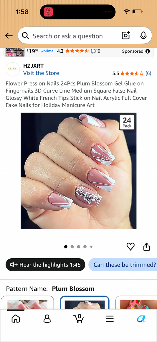 Flower Press on Nails 24Pcs Plum Blossom Gel Glue on Fingernails 3D Curve Line Medium Square False Nail Glossy White French Tips Stick on Nail Acrylic Full Cover Fake Nails for Holiday Manicure Art