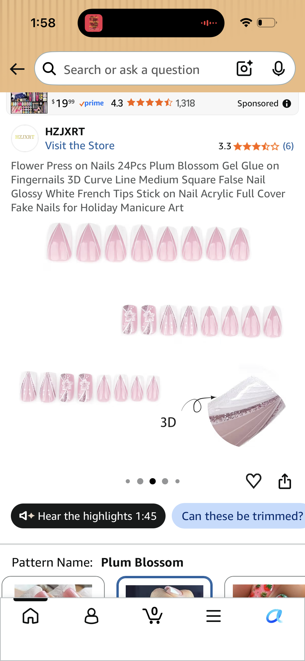 Flower Press on Nails 24Pcs Plum Blossom Gel Glue on Fingernails 3D Curve Line Medium Square False Nail Glossy White French Tips Stick on Nail Acrylic Full Cover Fake Nails for Holiday Manicure Art