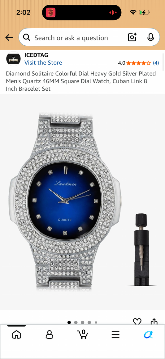 Diamond Solitaire Colorful Dial Heavy Gold Silver Plated Men's Quartz 46MM Square Dial Watch, Cuban Link 8 Inch Bracelet Set