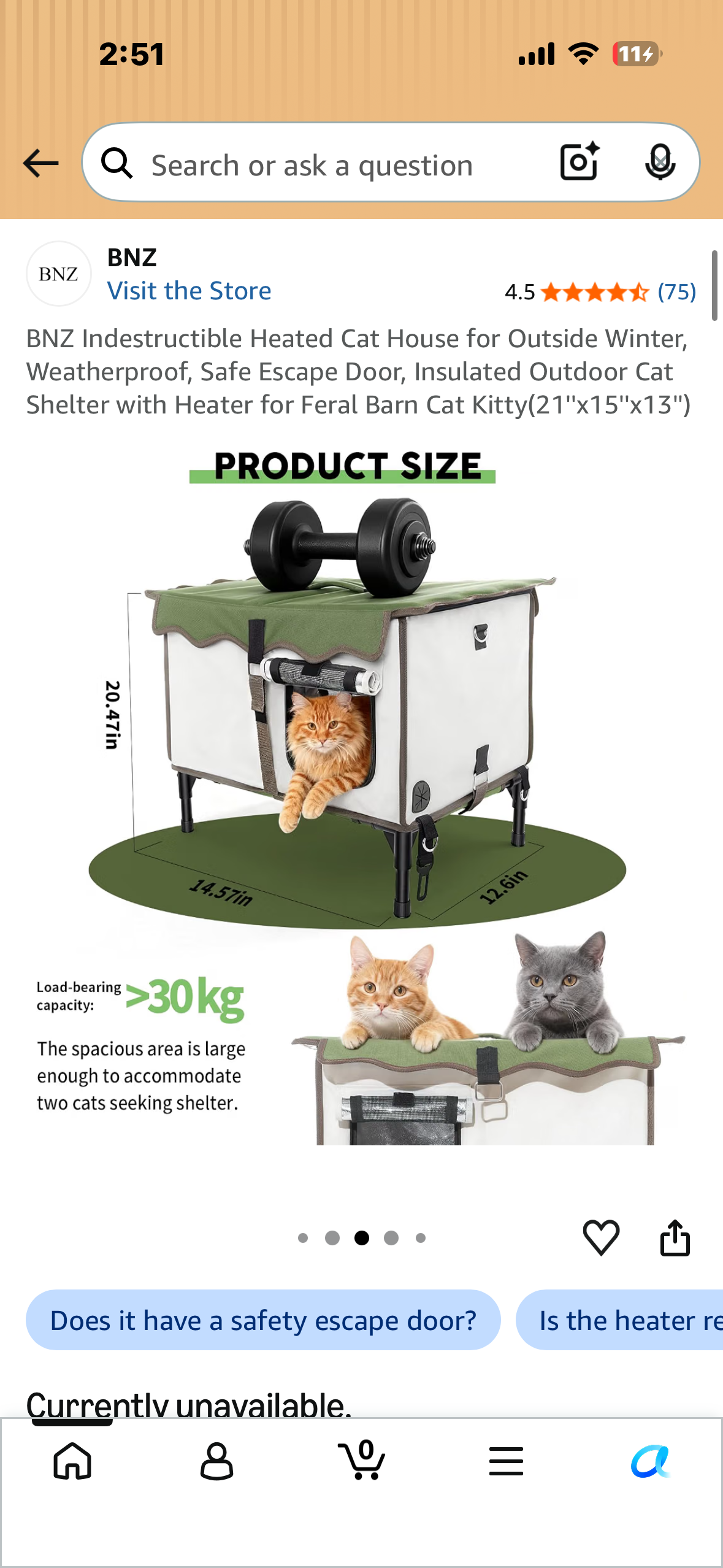BNZ Indestructible Heated Cat House, Weatherproof, Safe, Escape Door, Insulated, Outdoor Cat Shelter with Heater (21''x15''x13'')