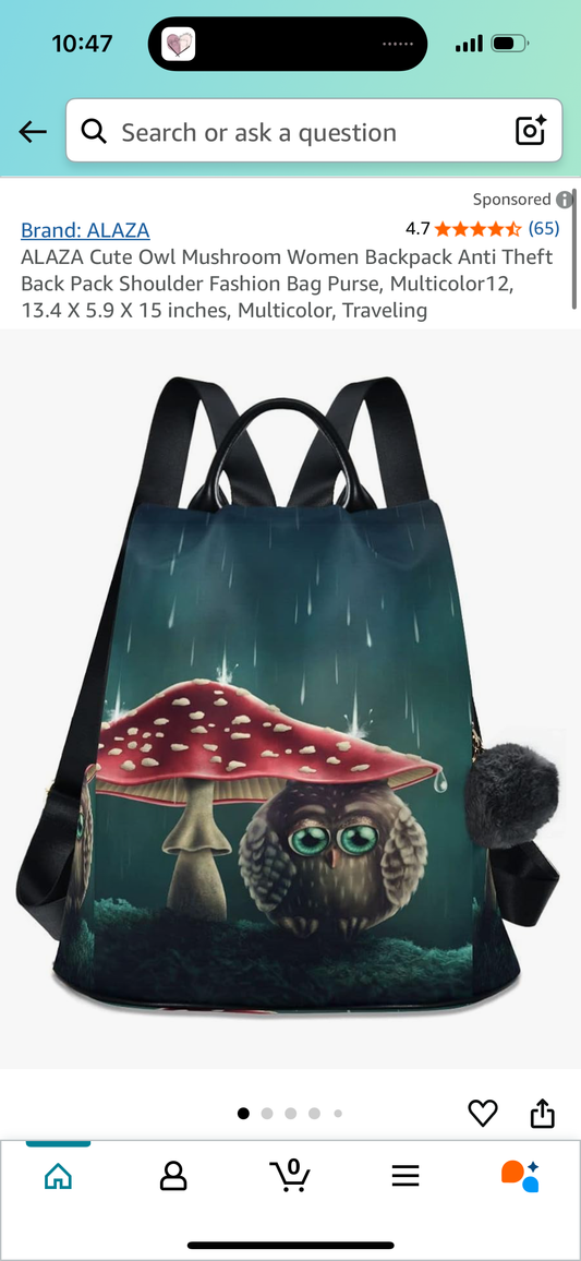 Cute Owl Mushroom Women Backpack Anti Theft Back Pack Shoulder Fashion Bag Purse, Multicolor12, 13.4 X 5.9 X 15 inches, Multicolor, Traveling