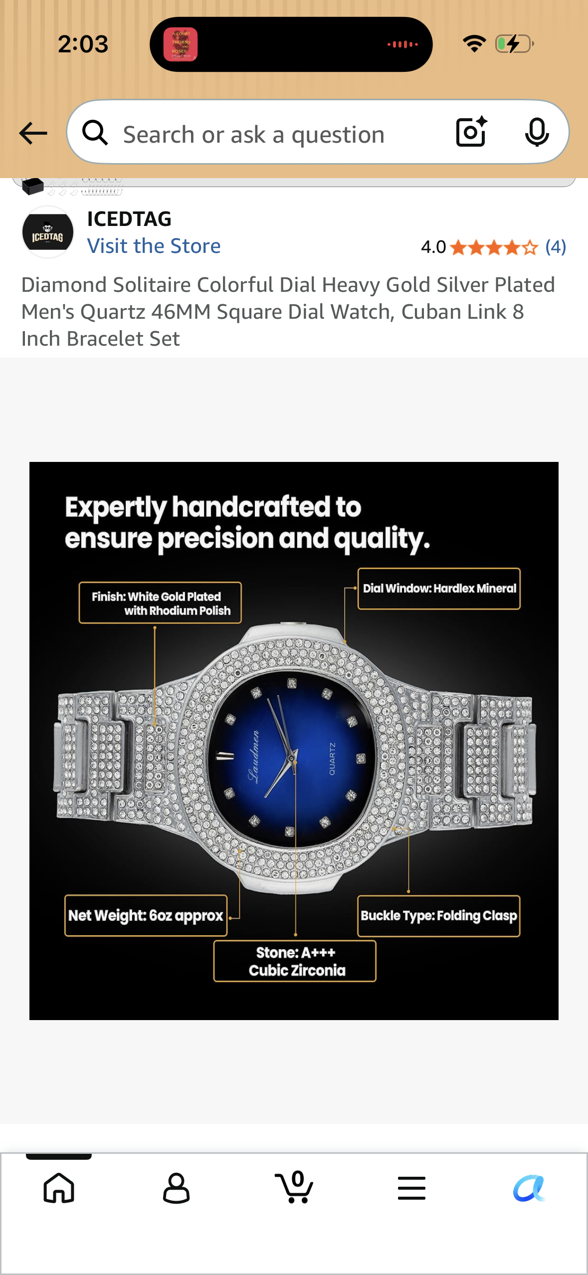 Diamond Solitaire Colorful Dial Heavy Gold Silver Plated Men's Quartz 46MM Square Dial Watch, Cuban Link 8 Inch Bracelet Set