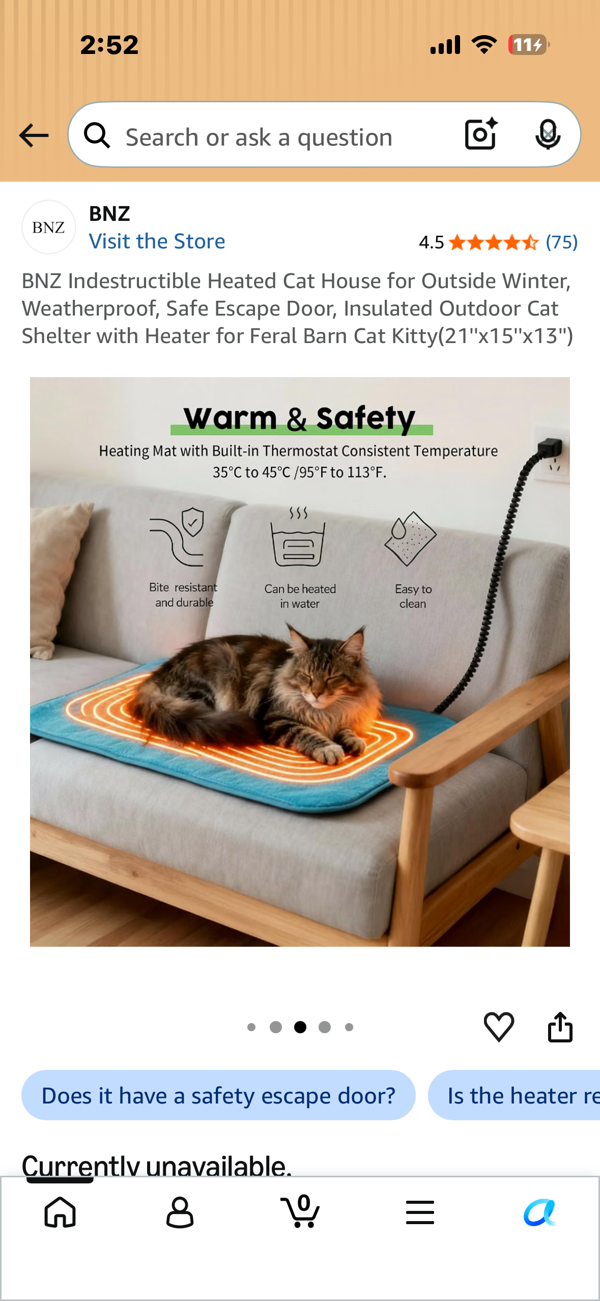 BNZ Indestructible Heated Cat House, Weatherproof, Safe, Escape Door, Insulated, Outdoor Cat Shelter with Heater (21''x15''x13'')