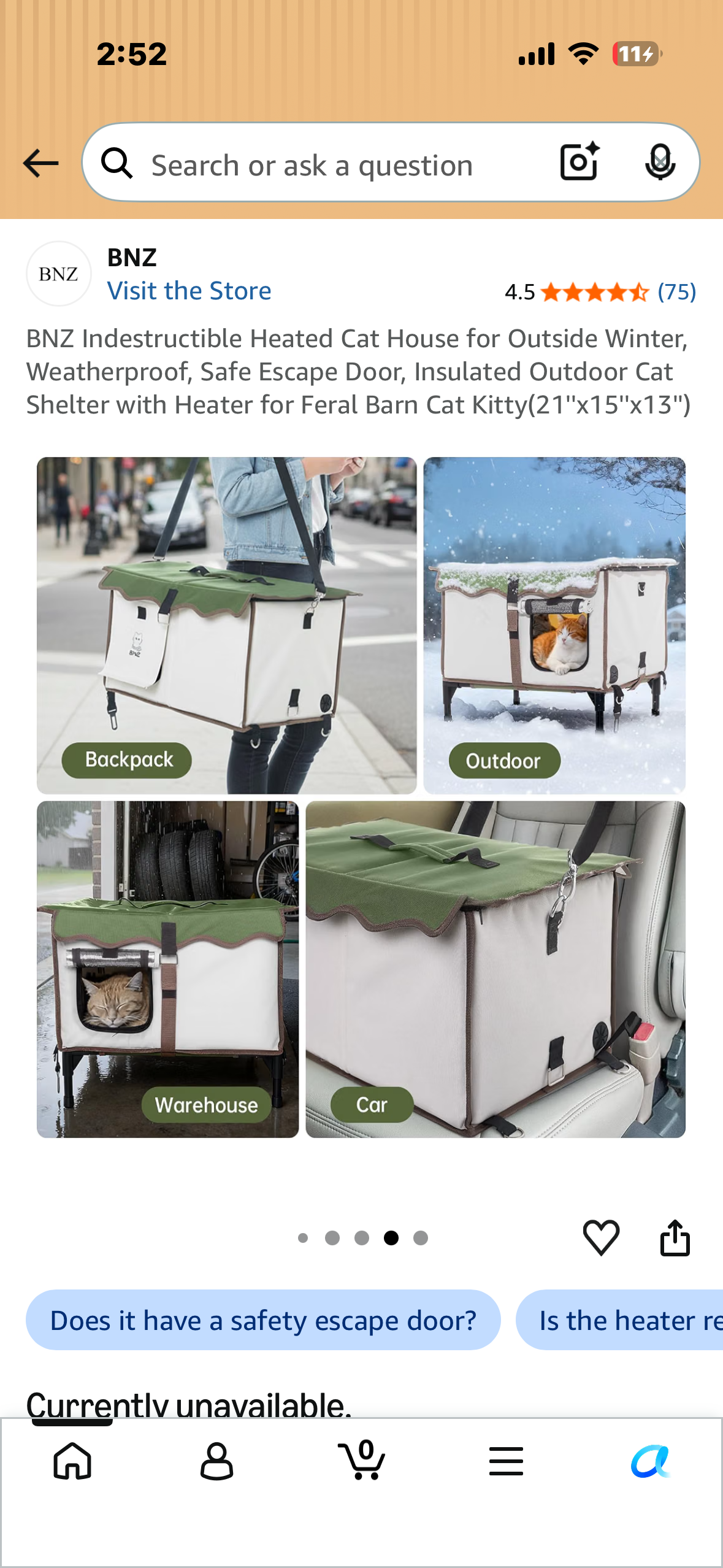 BNZ Indestructible Heated Cat House, Weatherproof, Safe, Escape Door, Insulated, Outdoor Cat Shelter with Heater (21''x15''x13'')