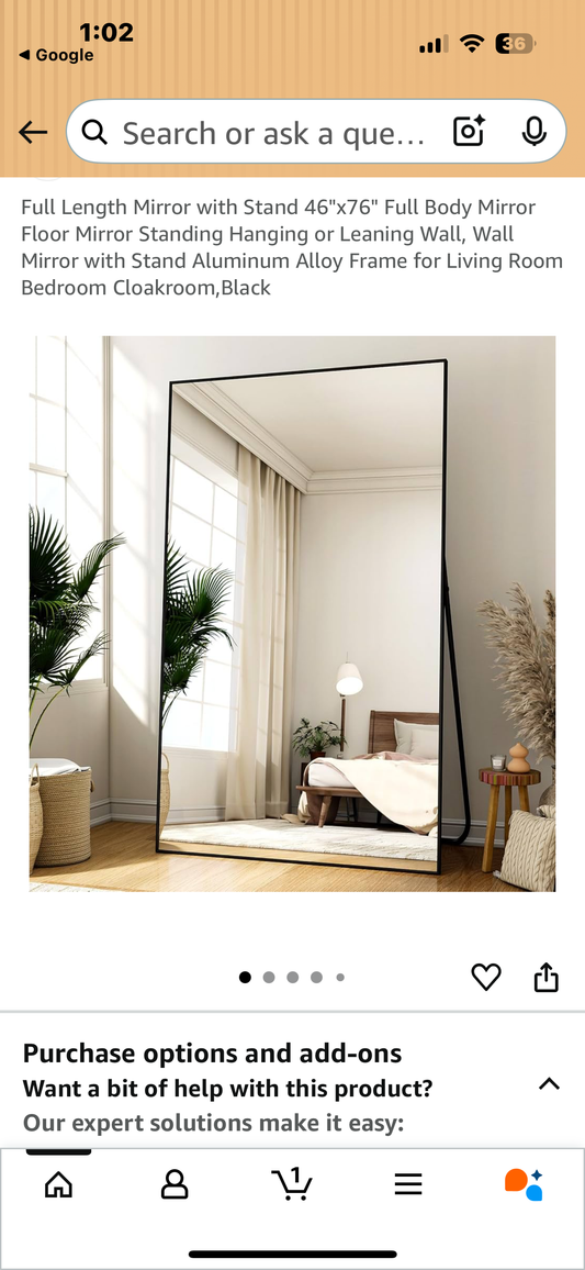 Full Length Mirror with Stand, 46"x76" Full Body Mirror, Floor Mirror, Standing, Hanging or Leaning, with Aluminum Alloy Frame for Living Room Bedroom Cloakroom, Black (M396)