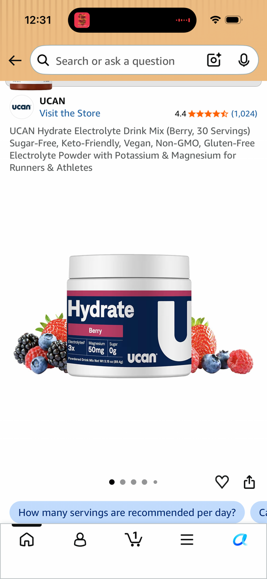 UCAN Hydrate Electrolyte Drink Mix (Berry, 30 Servings) Sugar-Free, Keto-Friendly, Vegan, Non-GMO, Gluten-Free Electrolyte Powder with Potassium & Magnesium for Runners & Athletes