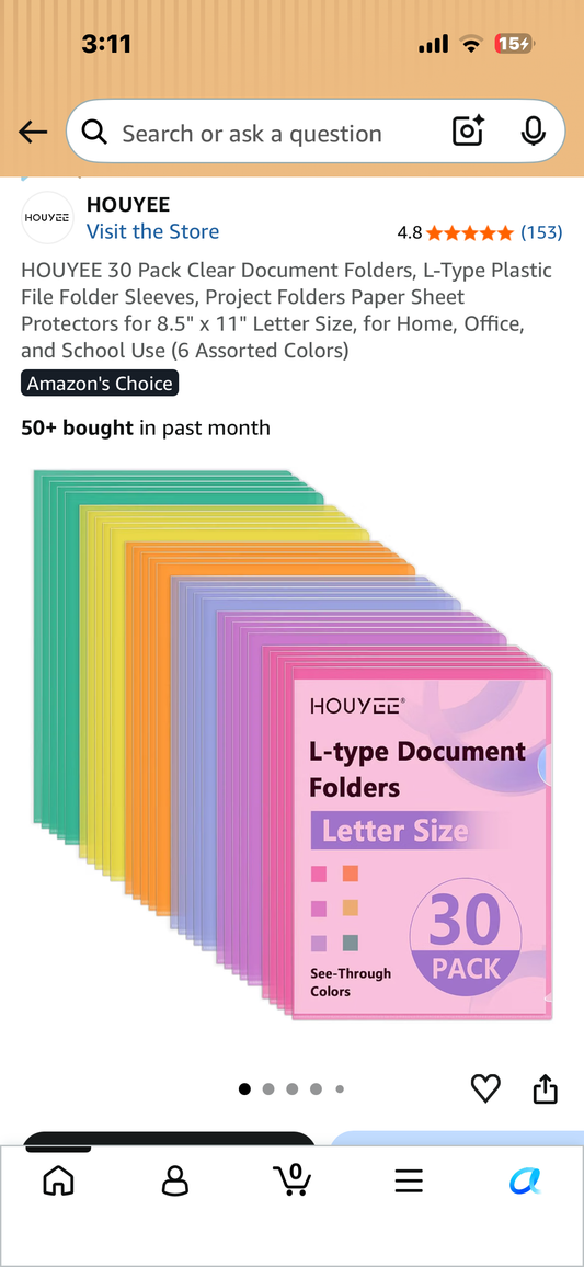 HOUYEE 30 Pack Clear Document Folders, L-Type Plastic File Folder Sleeves, Project Folders Paper Sheet Protectors for 8.5" x 11" Letter Size, for Home, Office, and School Use (6 Assorted Colors)