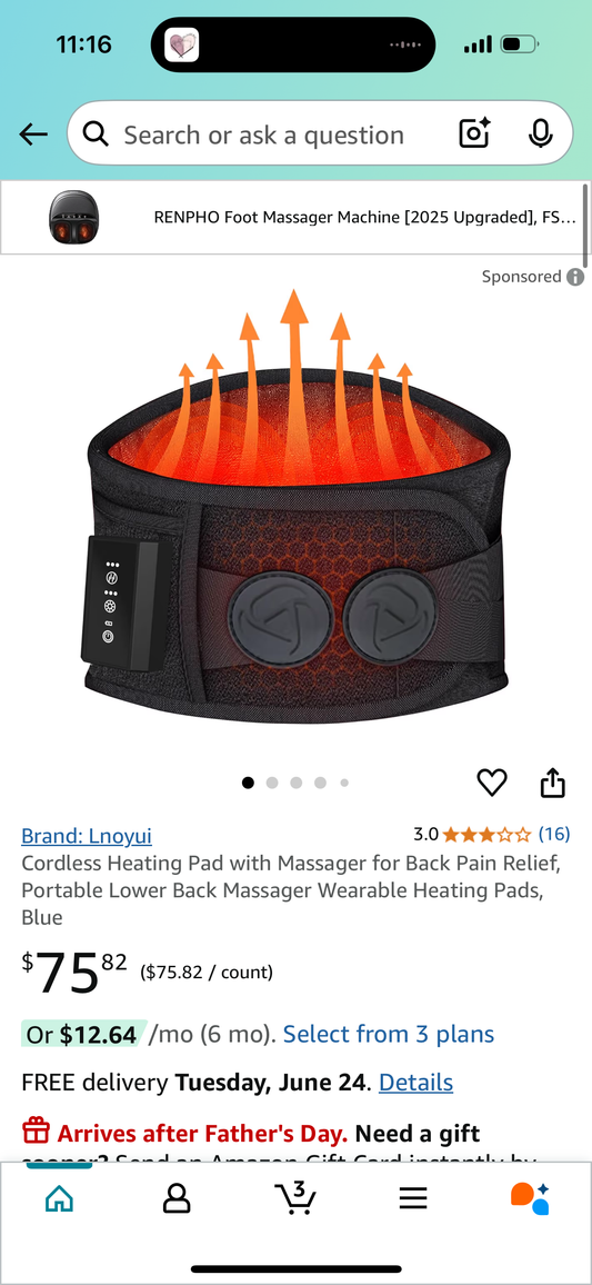 Cordless Heating Pad with Massager for Back Pain Relief, Portable Lower Back Massager Wearable Heating Pads