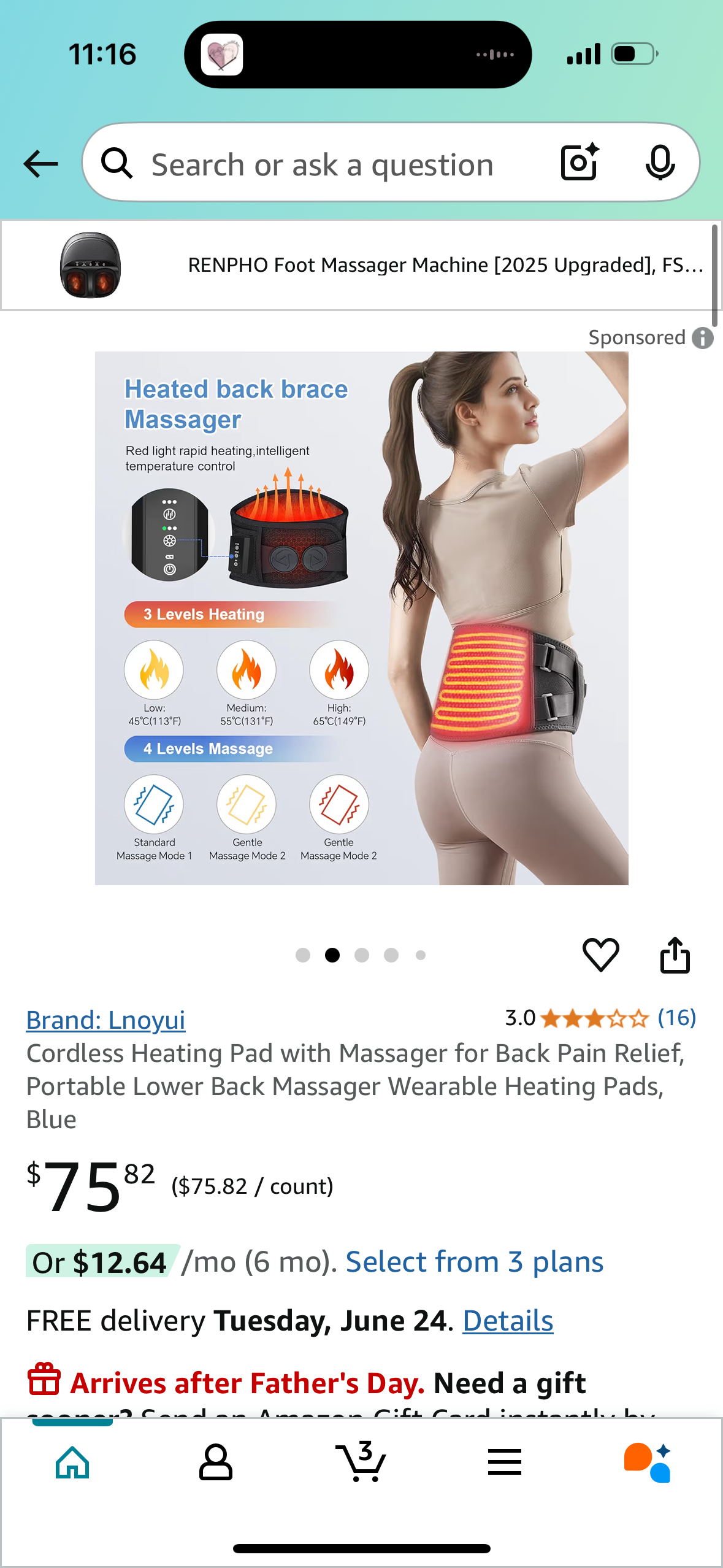 Cordless Heating Pad with Massager for Back Pain Relief, Portable Lower Back Massager Wearable Heating Pads