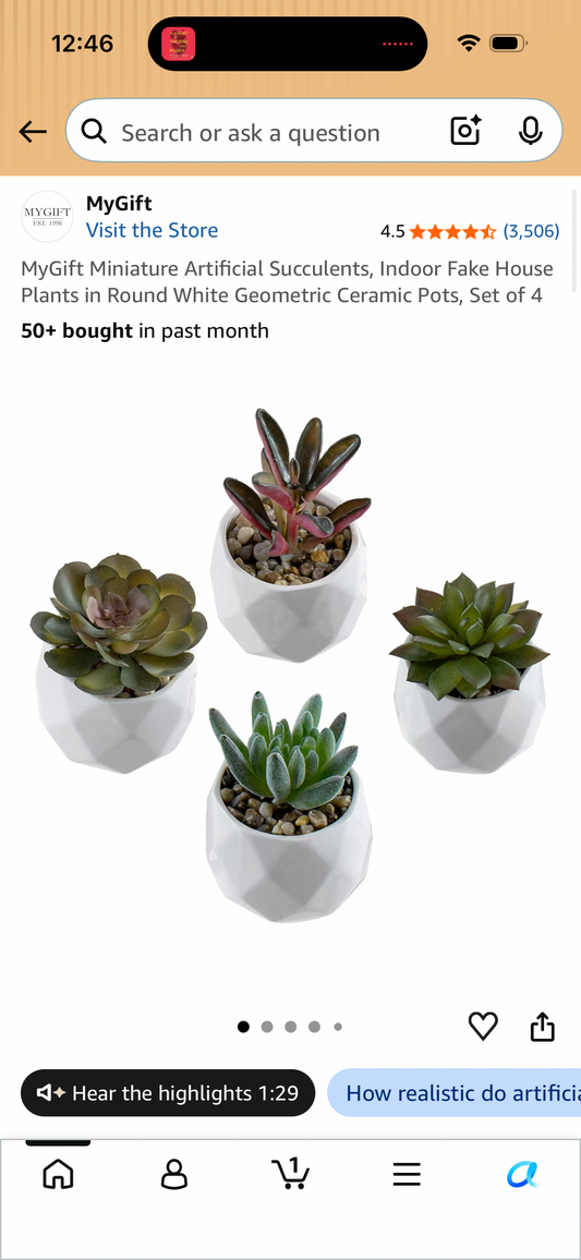 MyGift Miniature Artificial Succulents, Indoor Fake House Plants in Round White Geometric Ceramic Pots, Set of 4