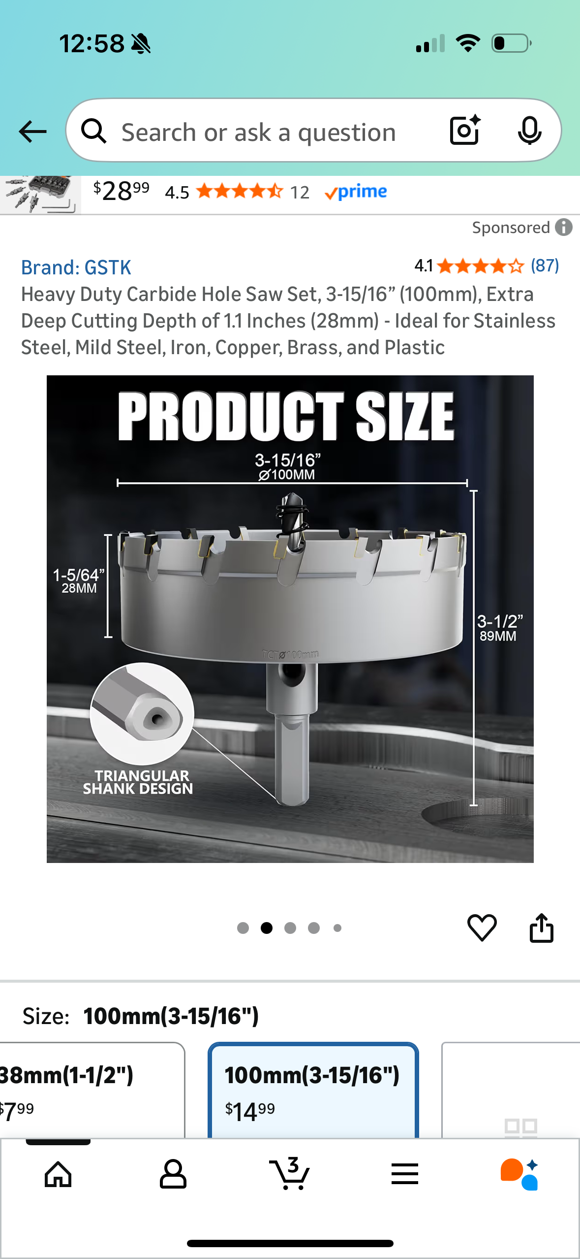 Heavy Duty Carbide Hole Saw Set, 3-15/16” (100mm), Extra Deep Cutting Depth of 1.1 Inches (28mm) - Ideal for Stainless Steel, Mild Steel, Iron, Copper, Brass, and Plastic