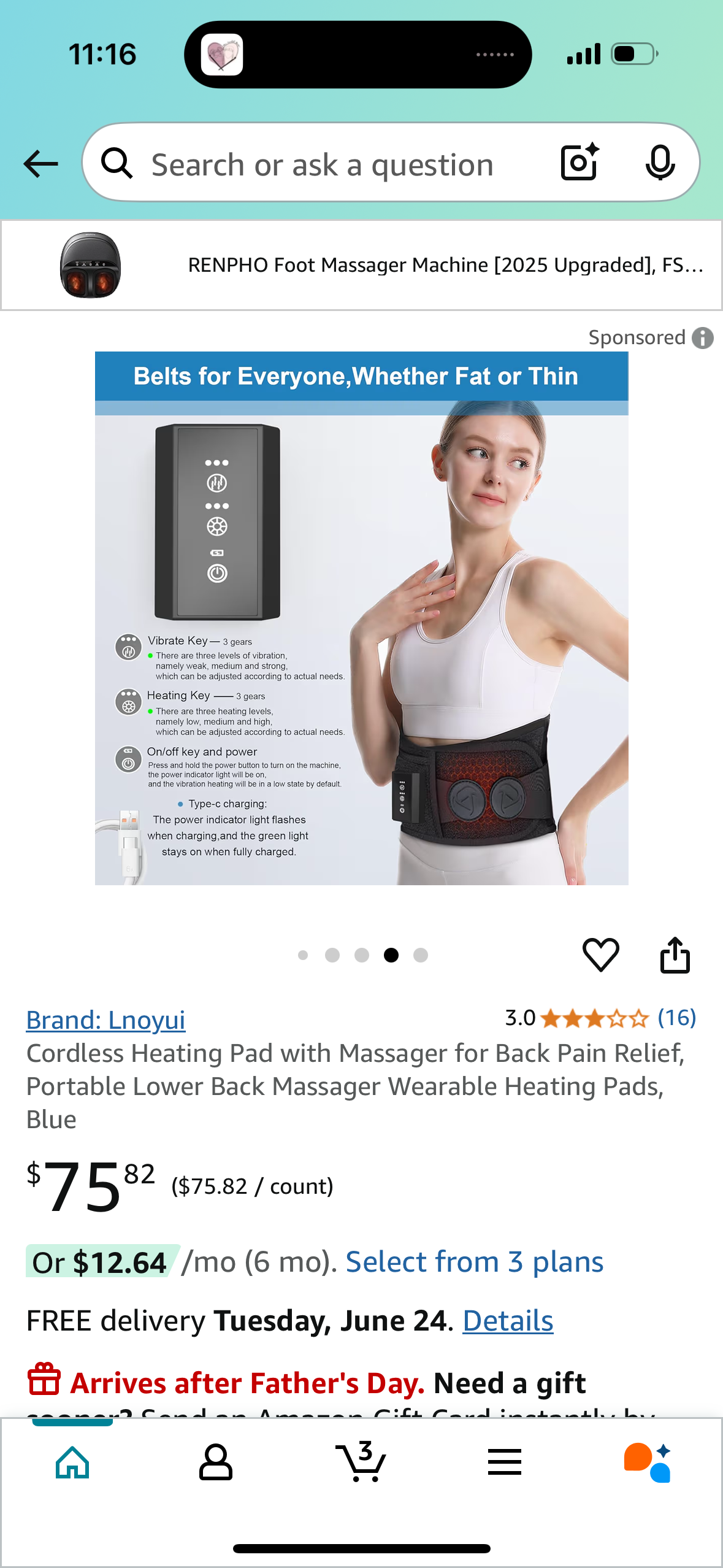Cordless Heating Pad with Massager for Back Pain Relief, Portable Lower Back Massager Wearable Heating Pads