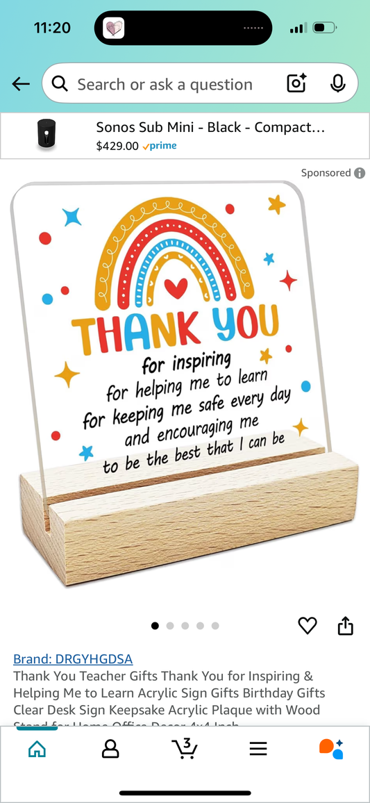 Thank You Teacher Gifts Thank You for Inspiring & Helping Me to Learn Acrylic Sign Gifts Birthday Gifts Clear Desk Sign Keepsake Acrylic Plaque with Wood Stand for Home Office Decor 4x4 Inch