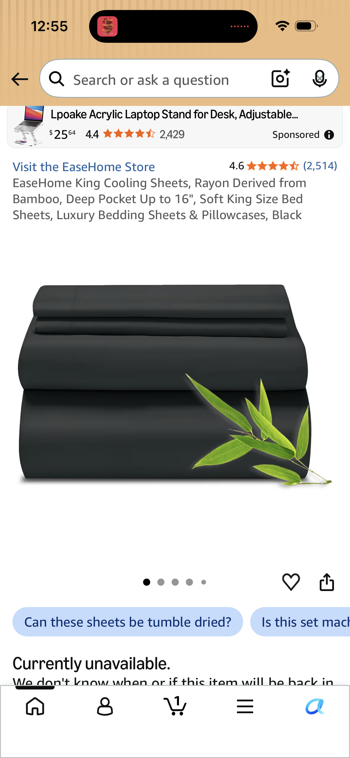 EaseHome King Cooling Sheets, Rayon Derived from Bamboo, Deep Pocket Up to 16", Soft King Size Bed Sheets, Luxury Bedding Sheets & Pillowcases, Black (Size Full)