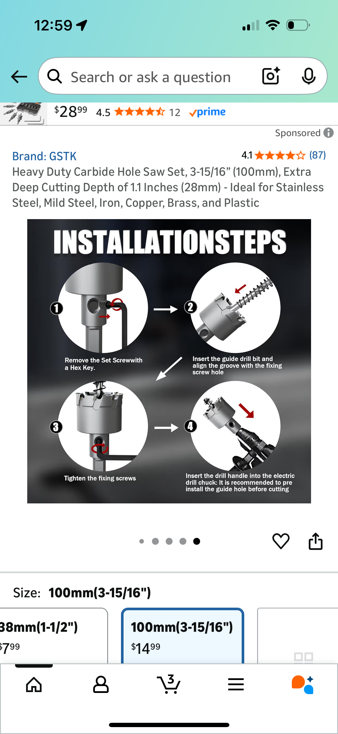 Heavy Duty Carbide Hole Saw Set, 3-15/16” (100mm), Extra Deep Cutting Depth of 1.1 Inches (28mm) - Ideal for Stainless Steel, Mild Steel, Iron, Copper, Brass, and Plastic