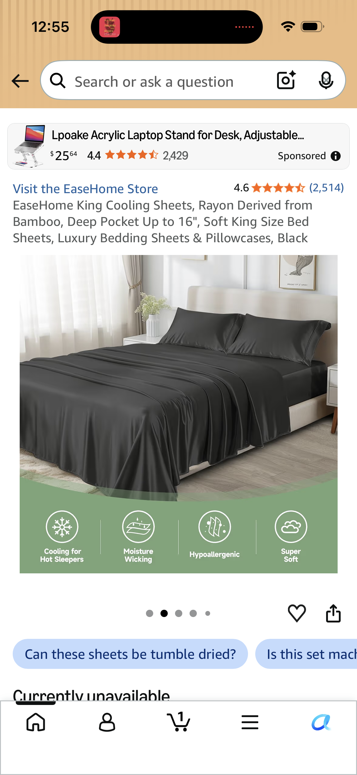 EaseHome King Cooling Sheets, Rayon Derived from Bamboo, Deep Pocket Up to 16", Soft King Size Bed Sheets, Luxury Bedding Sheets & Pillowcases, Black (Size Full)