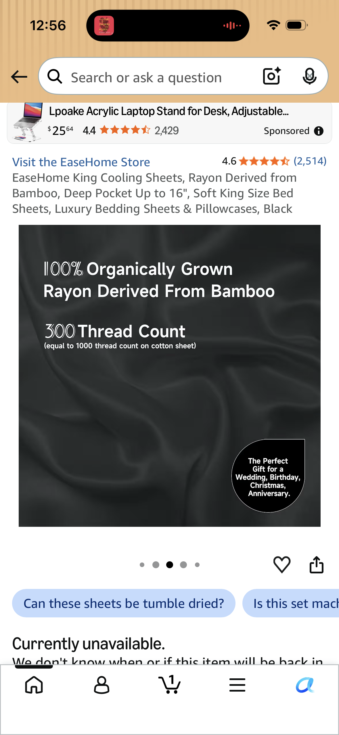 EaseHome King Cooling Sheets, Rayon Derived from Bamboo, Deep Pocket Up to 16", Soft King Size Bed Sheets, Luxury Bedding Sheets & Pillowcases, Black (Size Full)