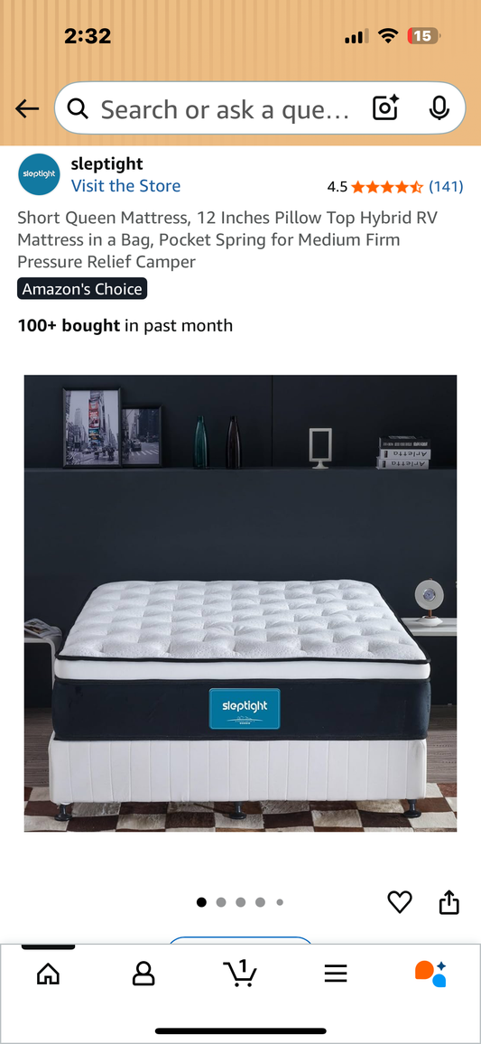 Short Queen Mattress, 12 Inches Pillow Top Hybrid RV Mattress in a Bag, Pocket Spring for Medium Firm Pressure Relief Camper (B1110)