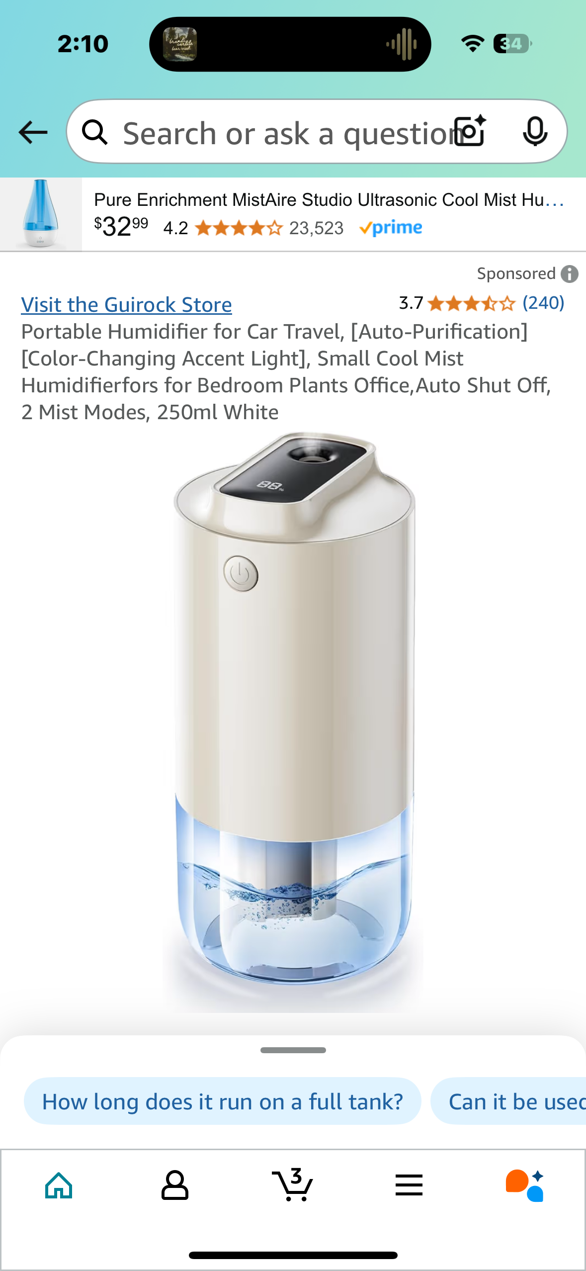 Portable Humidifier for Car Travel, [Auto-Purification][Color-Changing Accent Light], Small Cool Mist Humidifierfors for Bedroom Plants Office,Auto Shut Off, 2 Mist Modes, 250ml White