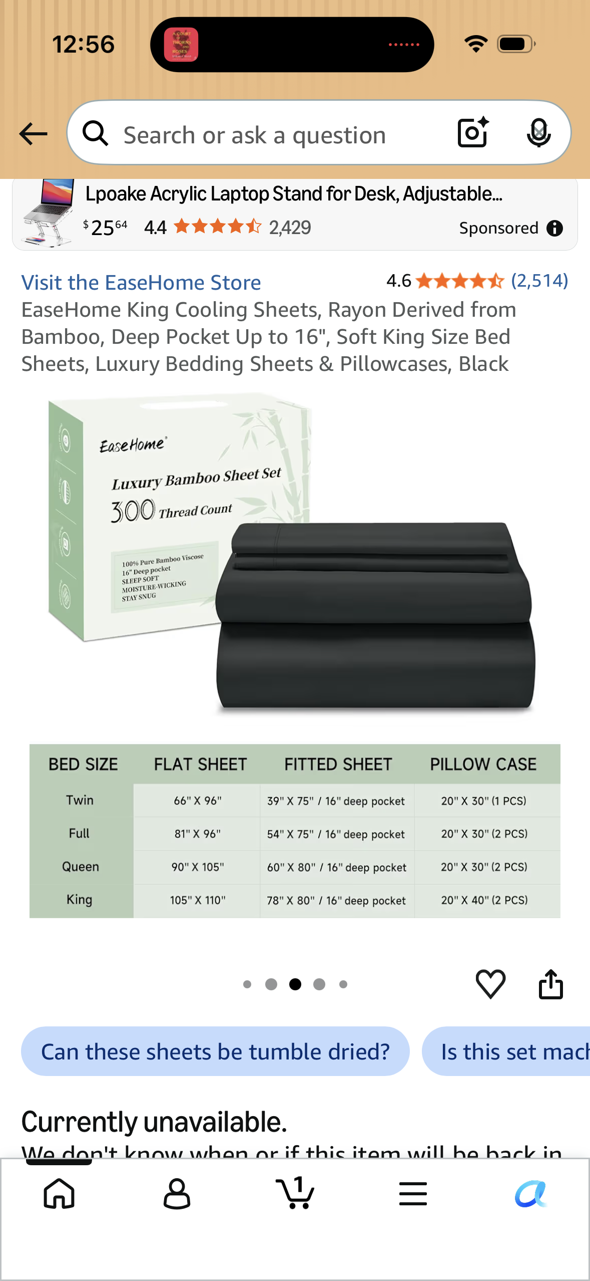 EaseHome King Cooling Sheets, Rayon Derived from Bamboo, Deep Pocket Up to 16", Soft King Size Bed Sheets, Luxury Bedding Sheets & Pillowcases, Black (Size Full)