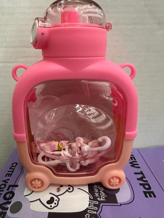 Pink Bear Water Bottle with Straw and Strap, 24oz Large Capacity Leak-Proof Drinking Bottle with 3D Stickers for Sports,Camping, Picnic, Hiking,Travel