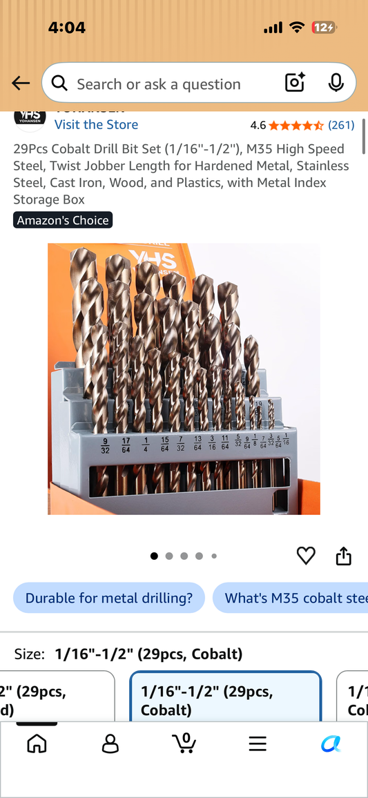 29Pcs Cobalt Drill Bit Set (1/16''-1/2''), M35 High Speed Steel, Twist Jobber Length for Hardened Metal, Stainless Steel, Cast Iron, Wood, and Plastics, with Metal Index Storage Box