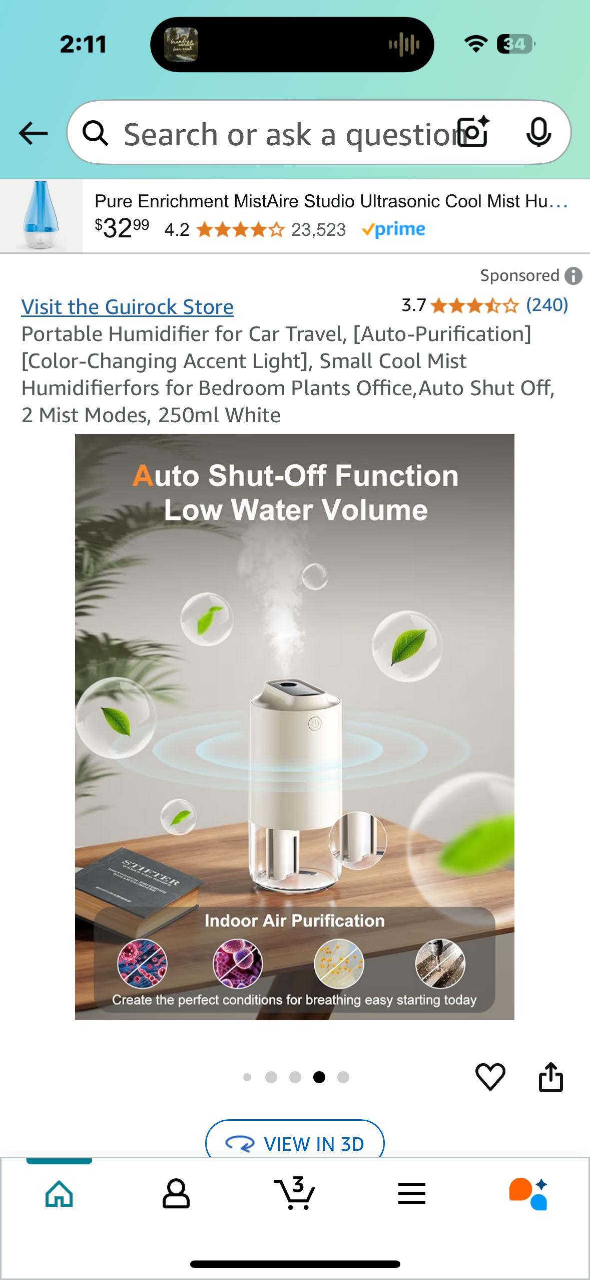 Portable Humidifier for Car Travel, [Auto-Purification][Color-Changing Accent Light], Small Cool Mist Humidifierfors for Bedroom Plants Office,Auto Shut Off, 2 Mist Modes, 250ml White