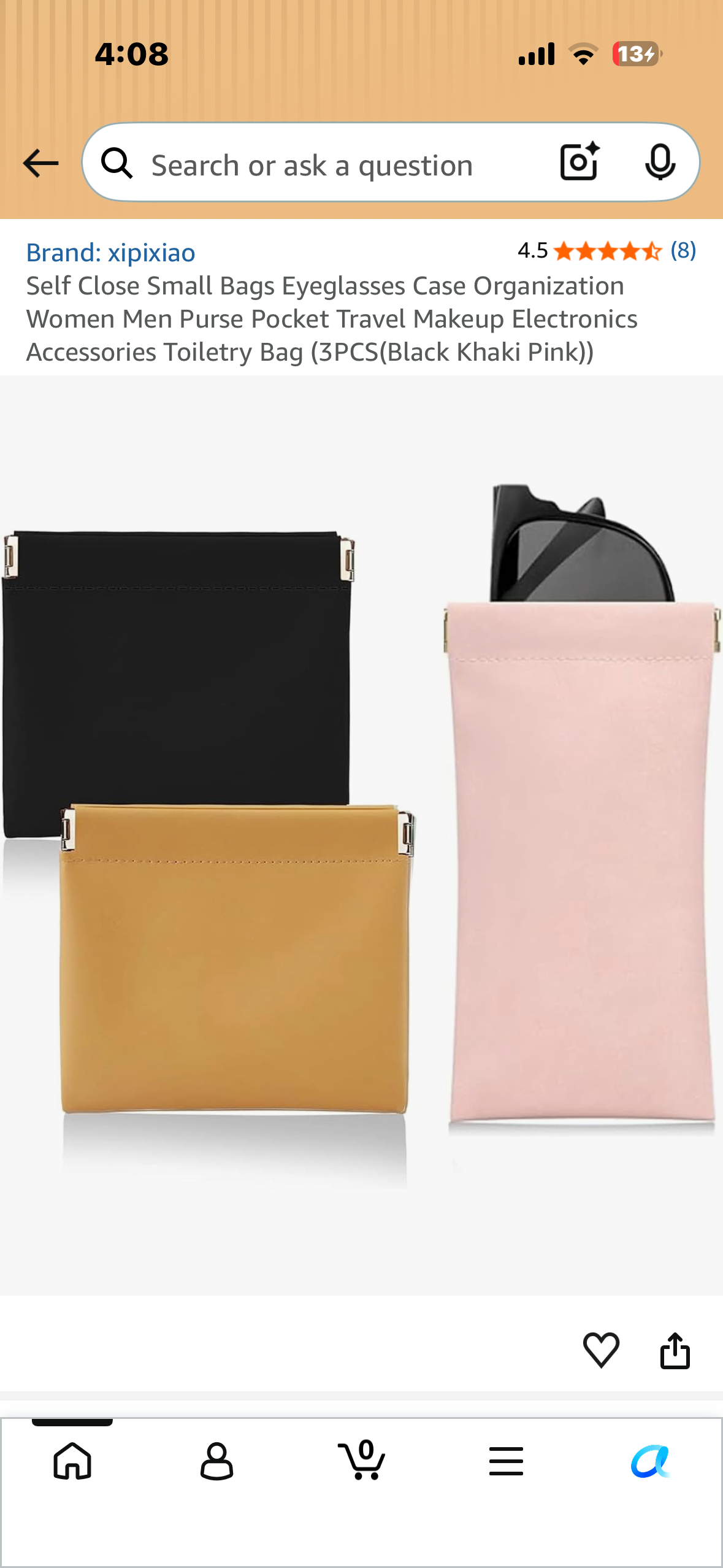 2-Pack (6 bags total) Self Close Small Bags Eyeglasses Case Organization Women Men Purse Pocket Travel Makeup Electronics Accessories Toiletry Bag 6 Pieces Total (Black, Khaki, Pink))