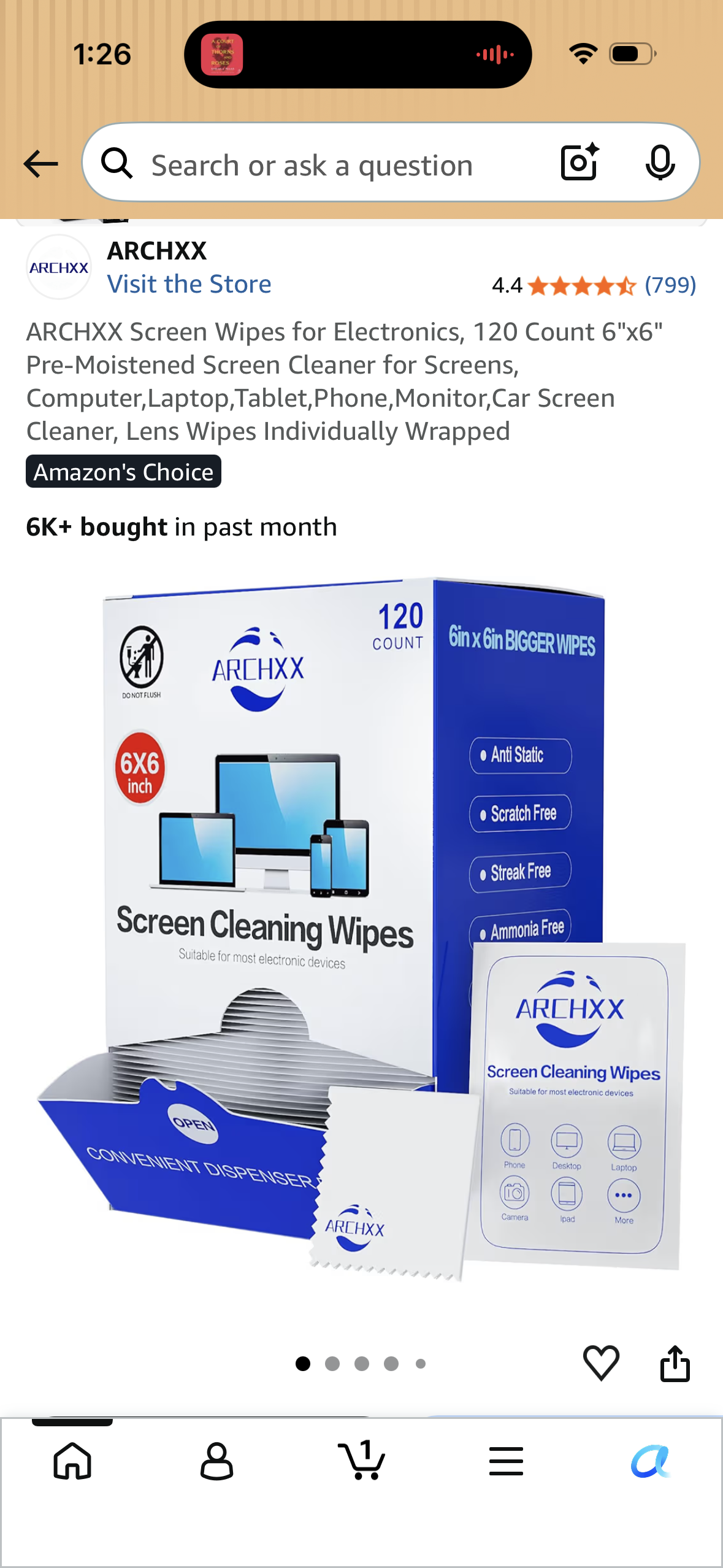 ARCHXX Screen Wipes for Electronics, 120 Count 6"x6" Pre-Moistened Screen Cleaner for Screens, Computer, Laptop, Tablet, Phone, Monitor, Car Screen Cleaner, Lens Wipes Individually Wrapped