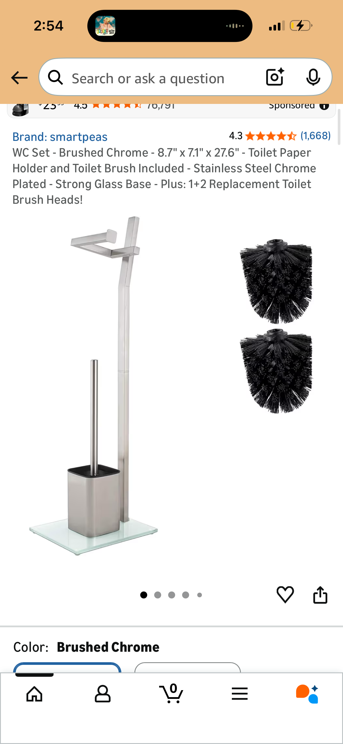 WC Set - Brushed Chrome - 8.7" x 7.1" x 27.6" - Toilet Paper Holder and Toilet Brush Included - Stainless Steel Chrome Plated - Strong Glass Base - Plus: 1+2 Replacement Toilet Brush Heads!