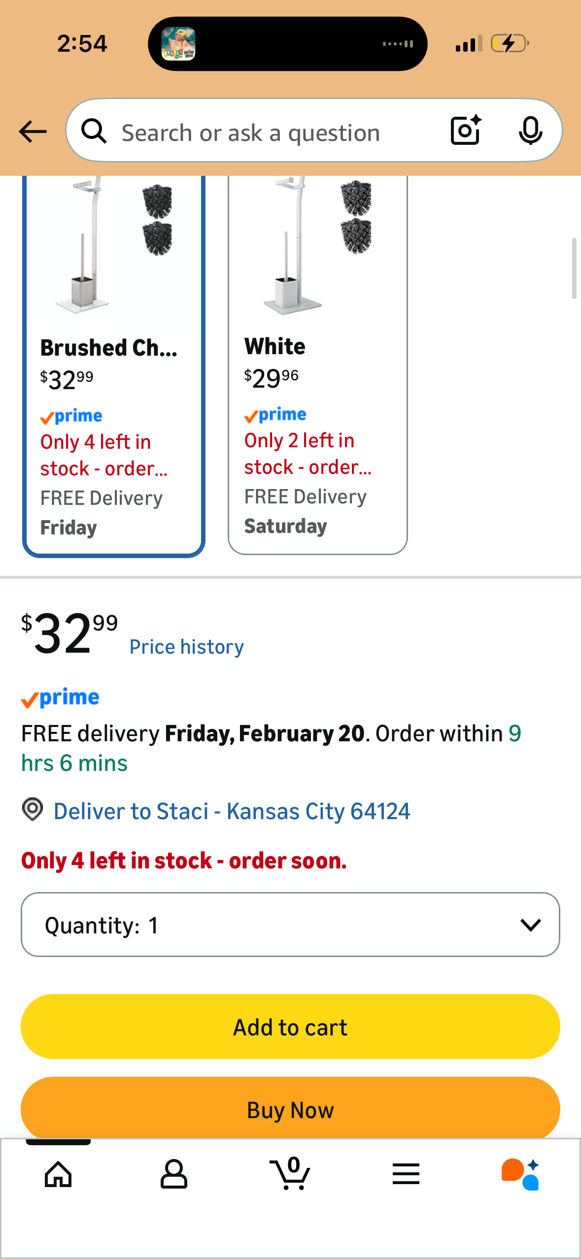 WC Set - Brushed Chrome - 8.7" x 7.1" x 27.6" - Toilet Paper Holder and Toilet Brush Included - Stainless Steel Chrome Plated - Strong Glass Base - Plus: 1+2 Replacement Toilet Brush Heads!