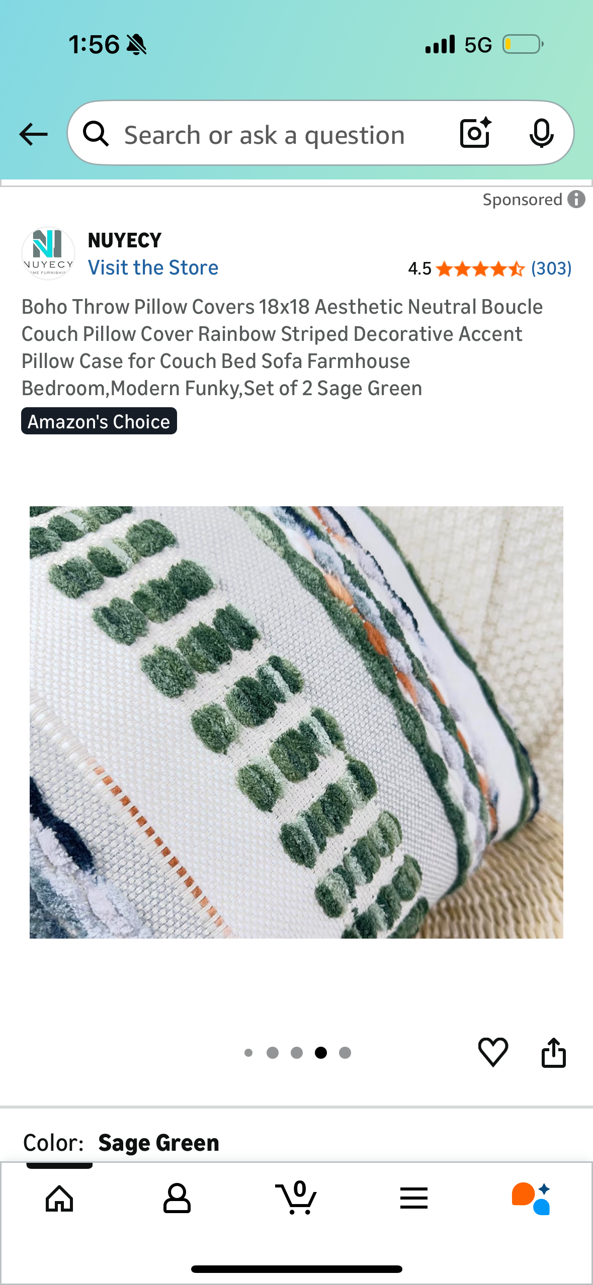 Boho Throw Pillow Covers 18x18 Aesthetic Neutral Boucle Couch Pillow Cover Rainbow Striped Decorative Accent Pillow Case for Couch Bed Sofa Farmhouse Bedroom,Modern Funky,Set of 2 Sage Green