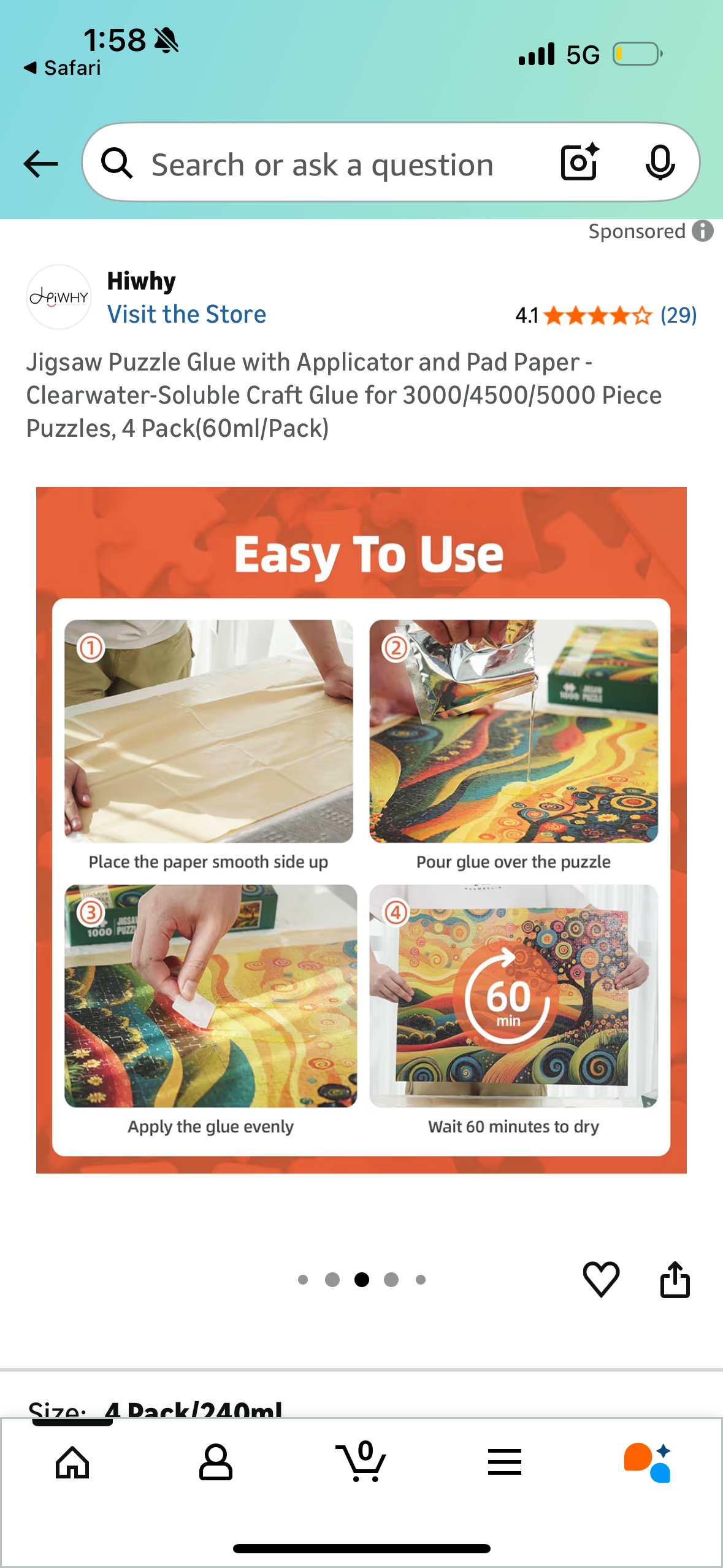 Jigsaw Puzzle Glue with Applicator and Pad Paper - Clearwater-Soluble Craft Glue for 3000/4500/5000 Piece Puzzles, 4 Pack(60ml/Pack)