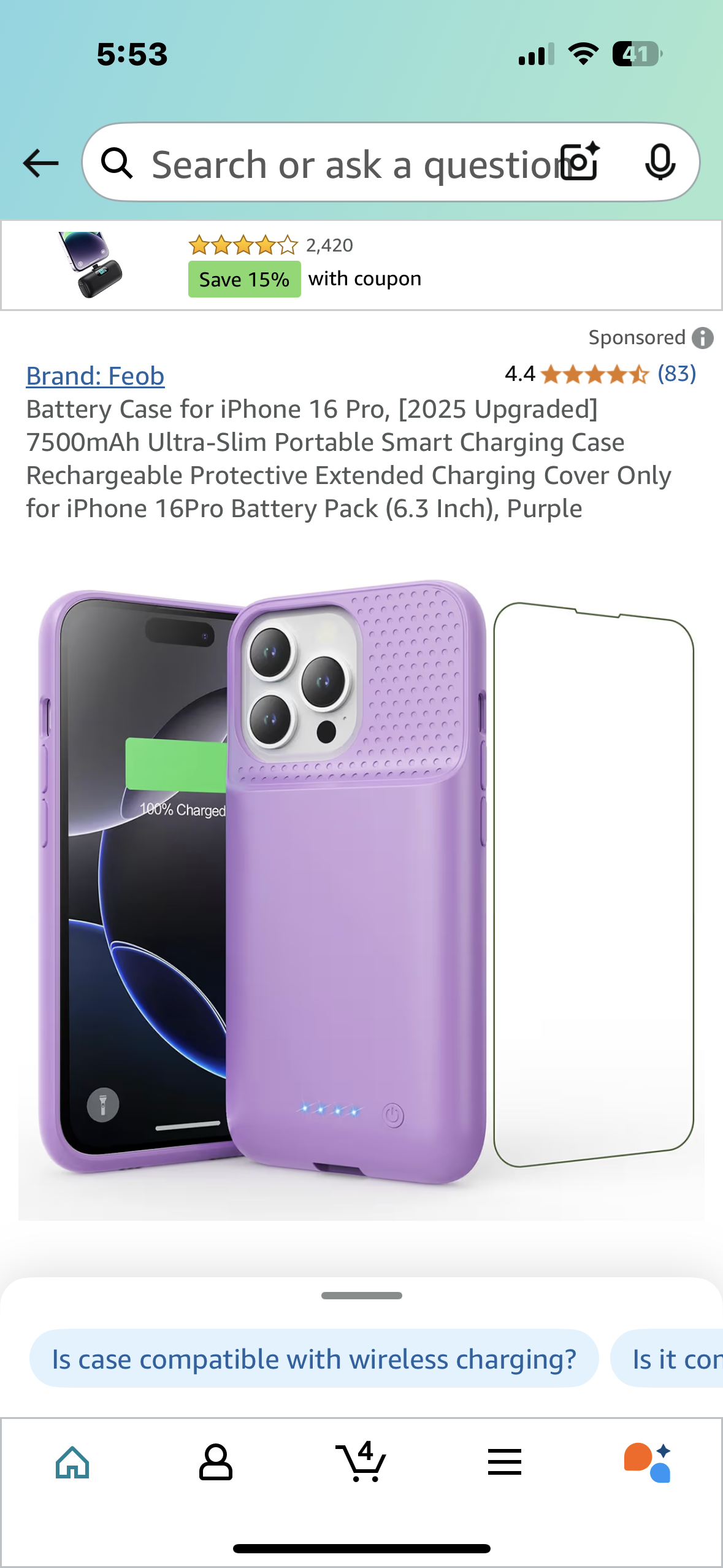 Battery Case for iPhone 16 Pro, [2025 Upgraded] 7500mAh Ultra-Slim Portable Smart Charging Case Rechargeable Protective Extended Charging Cover Only for iPhone 16Pro Battery Pack (6.3 Inch), Purple