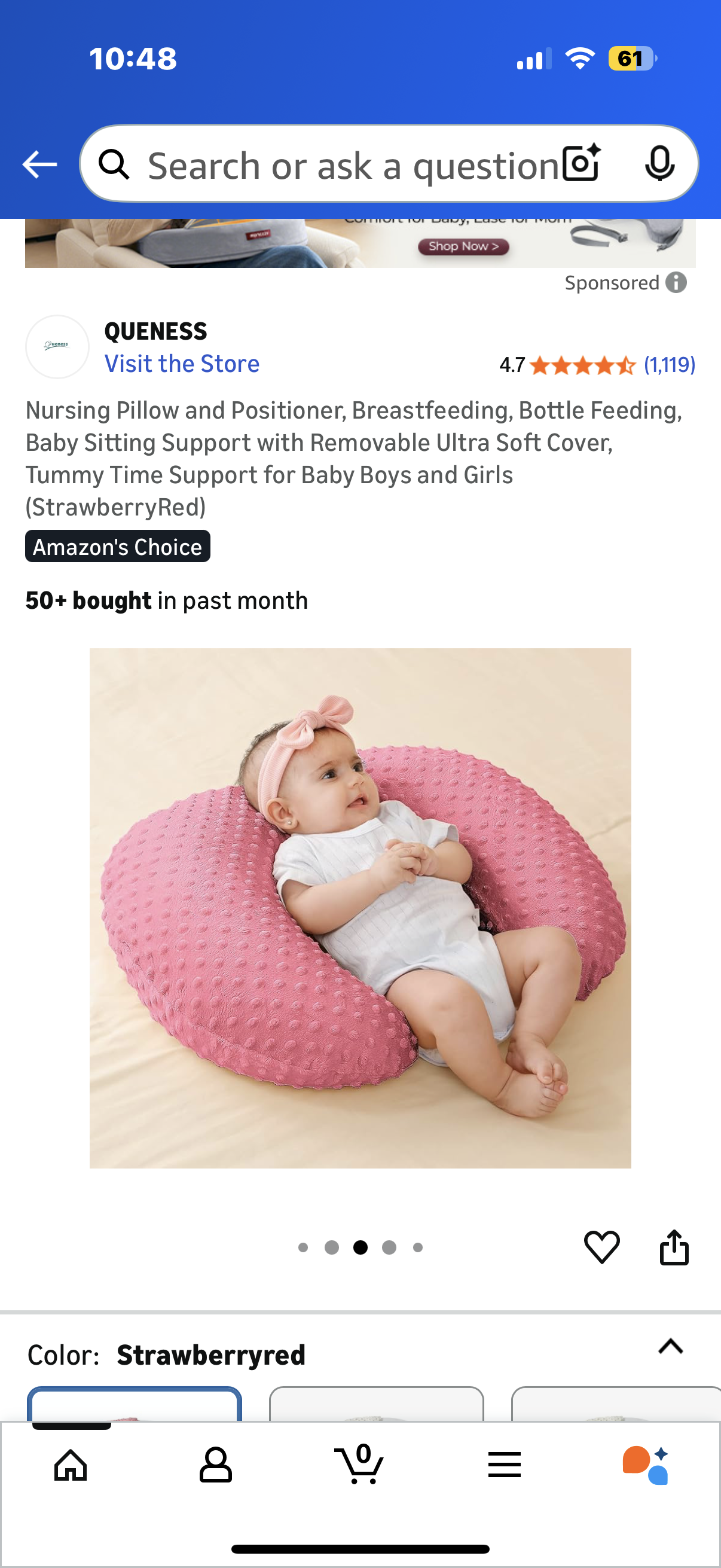 Nursing Pillow and Positioner, Breastfeeding, Bottle Feeding, Baby Sitting Support with Removable Ultra Soft Cover, Tummy Time Support for Baby Boys and Girls (StrawberryRed)