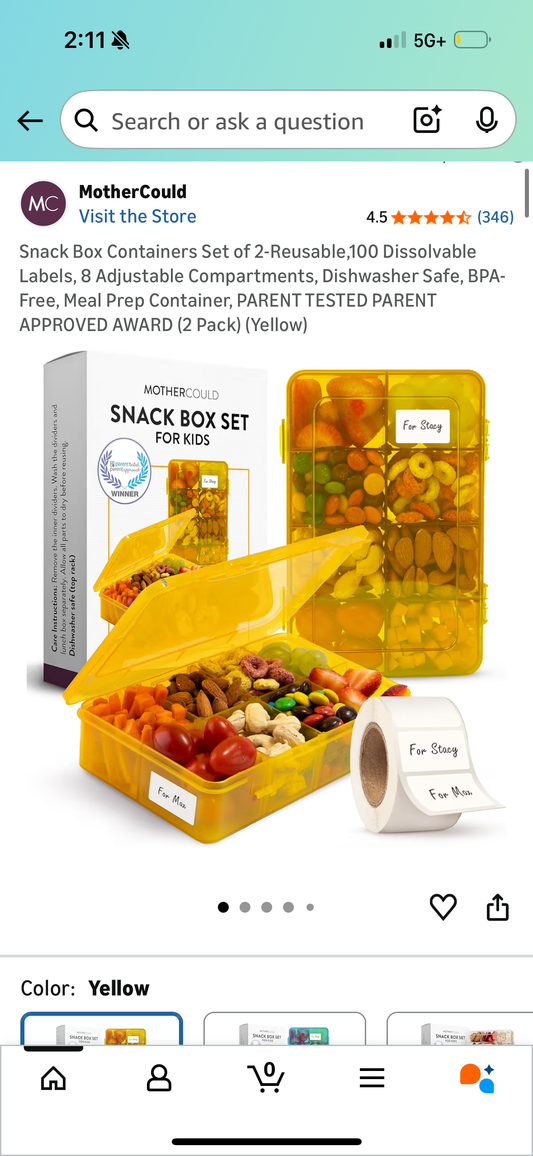 Snack Box Containers Set of 2-Reusable,100 Dissolvable Labels, 8 Adjustable Compartments, Dishwasher Safe, BPA-Free, Meal Prep Container, PARENT TESTED PARENT APPROVED AWARD (2 Pack) (Yellow)