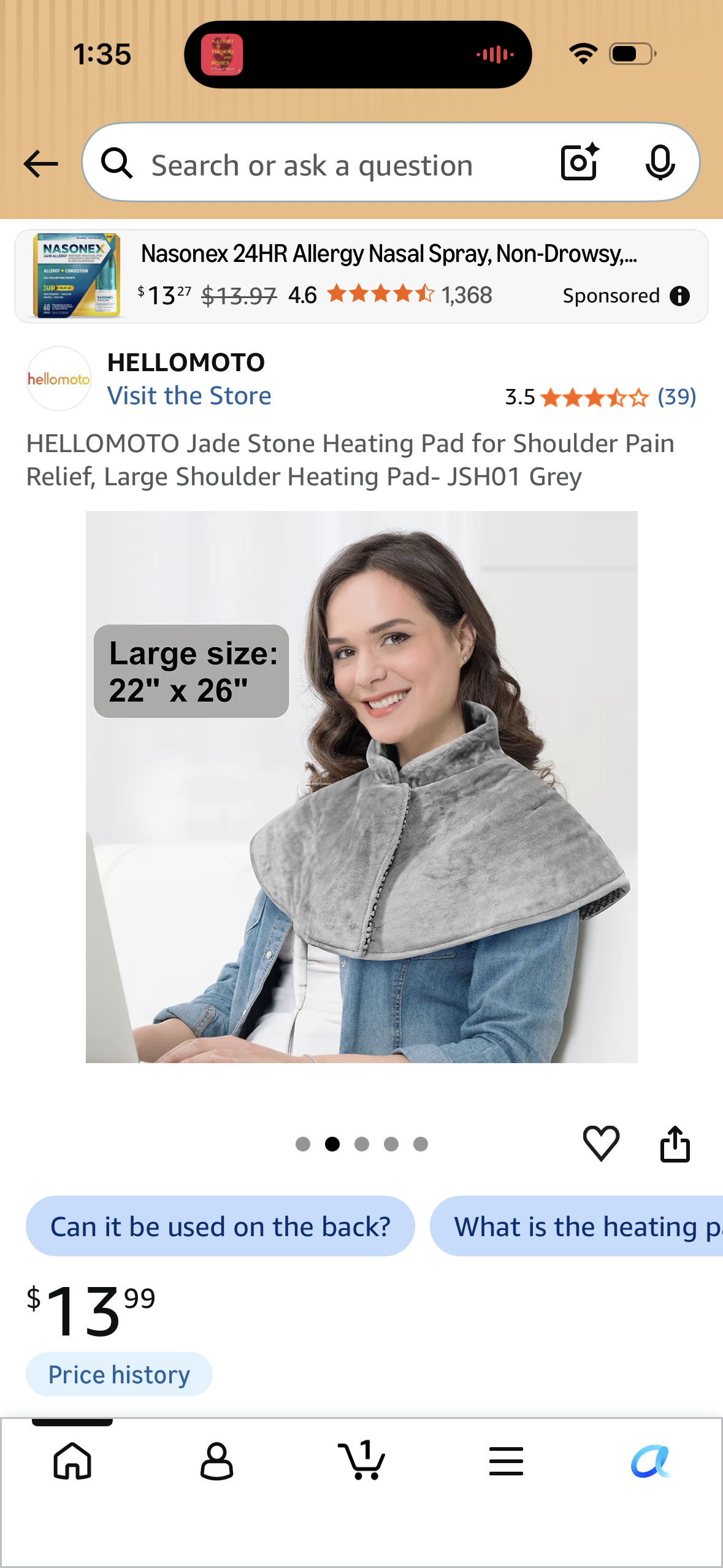 HELLOMOTO Jade Stone Heating Pad for Shoulder Pain Relief, Large Shoulder Heating Pad- JSH01 Grey