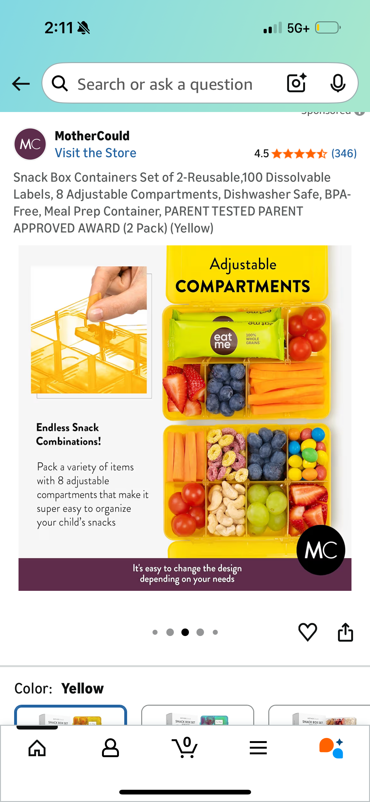 Snack Box Containers Set of 2-Reusable,100 Dissolvable Labels, 8 Adjustable Compartments, Dishwasher Safe, BPA-Free, Meal Prep Container, PARENT TESTED PARENT APPROVED AWARD (2 Pack) (Yellow)