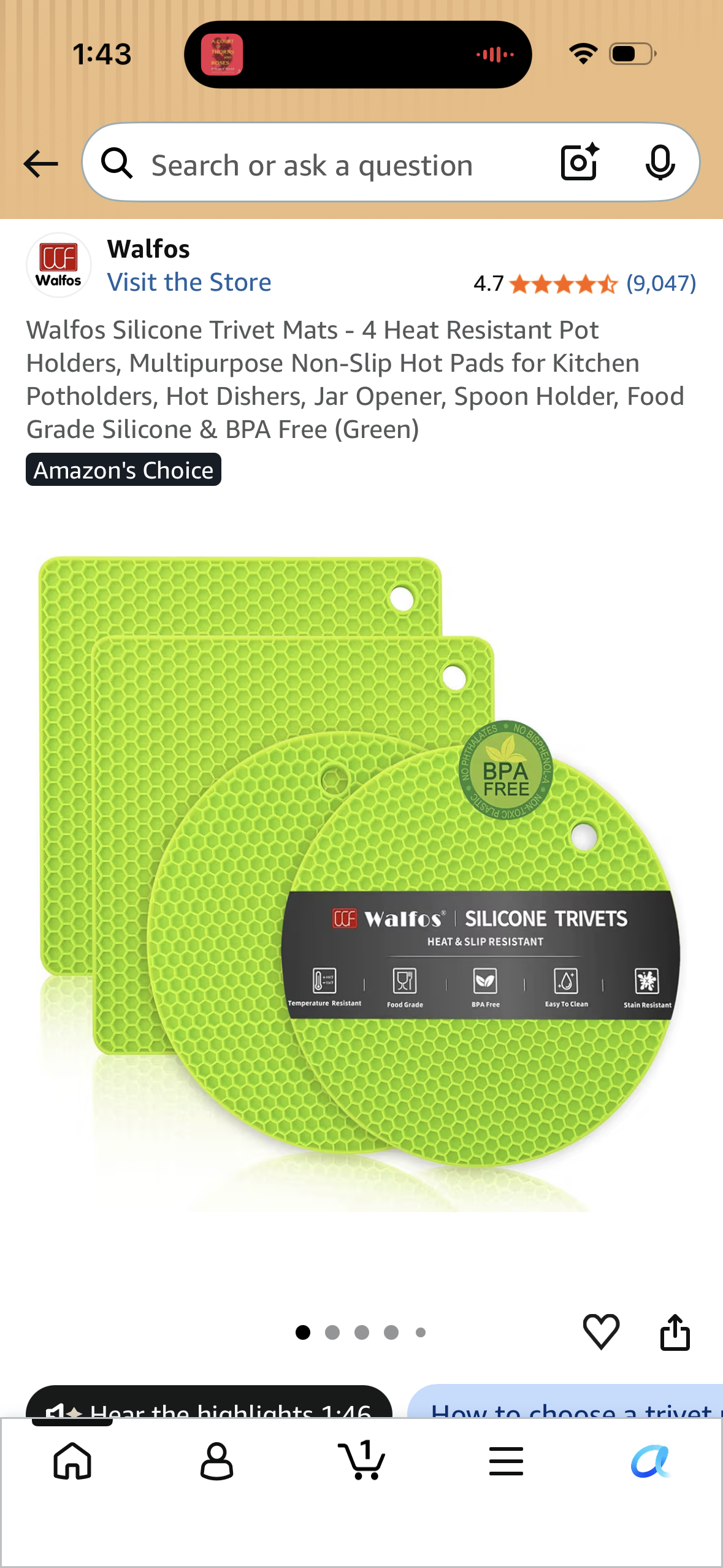 Walfos Silicone Trivet Mats - 4 Heat Resistant Pot Holders, Multipurpose Non-Slip Hot Pads for Kitchen Potholders, Hot Dishers, Jar Opener, Spoon Holder, Food Grade Silicone & BPA Free (Green)