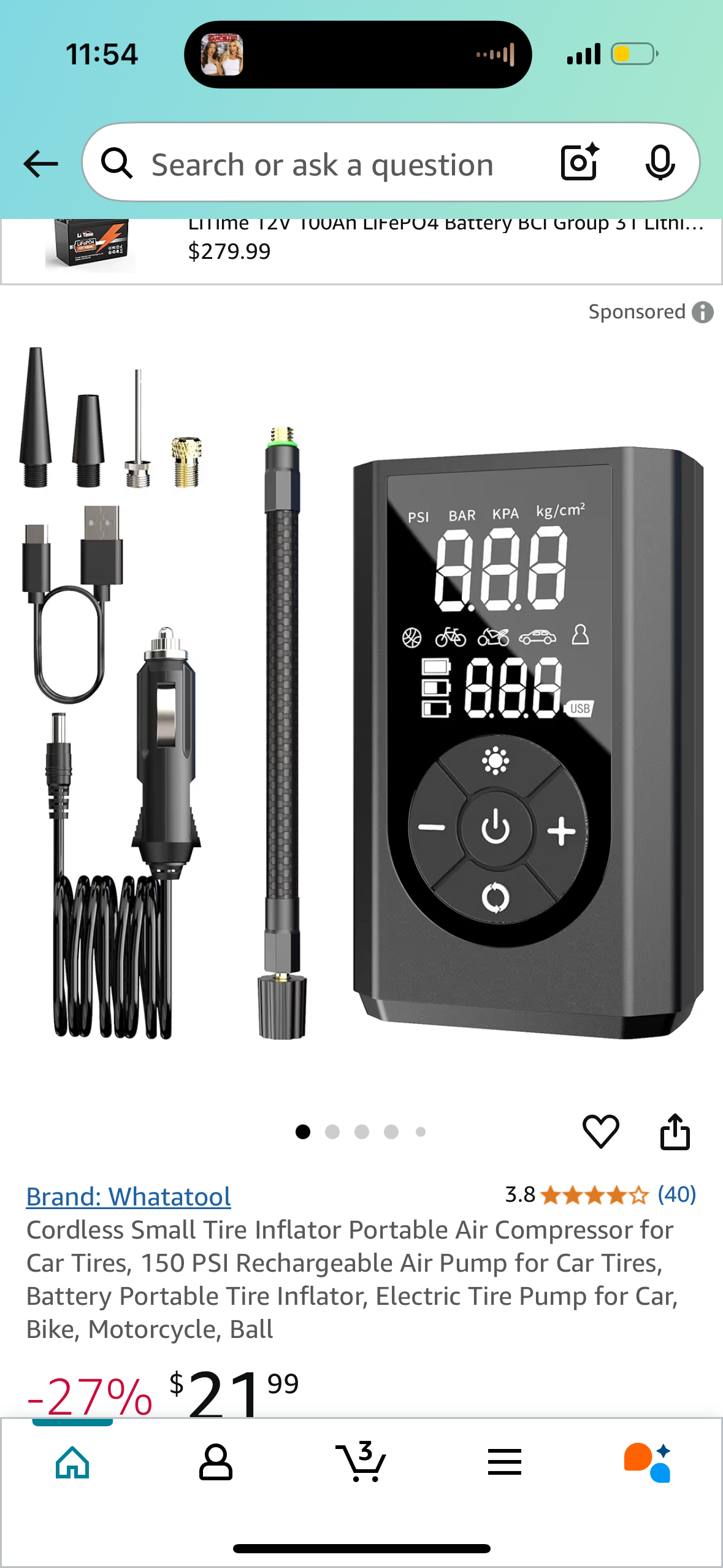 Cordless Small Tire Inflator Portable Air Compressor for Car Tires, 150 PSI Rechargeable Air Pump for Car Tires, Battery Portable Tire Inflator, Electric Tire Pump for Car, Bike, Motorcycle, Ball