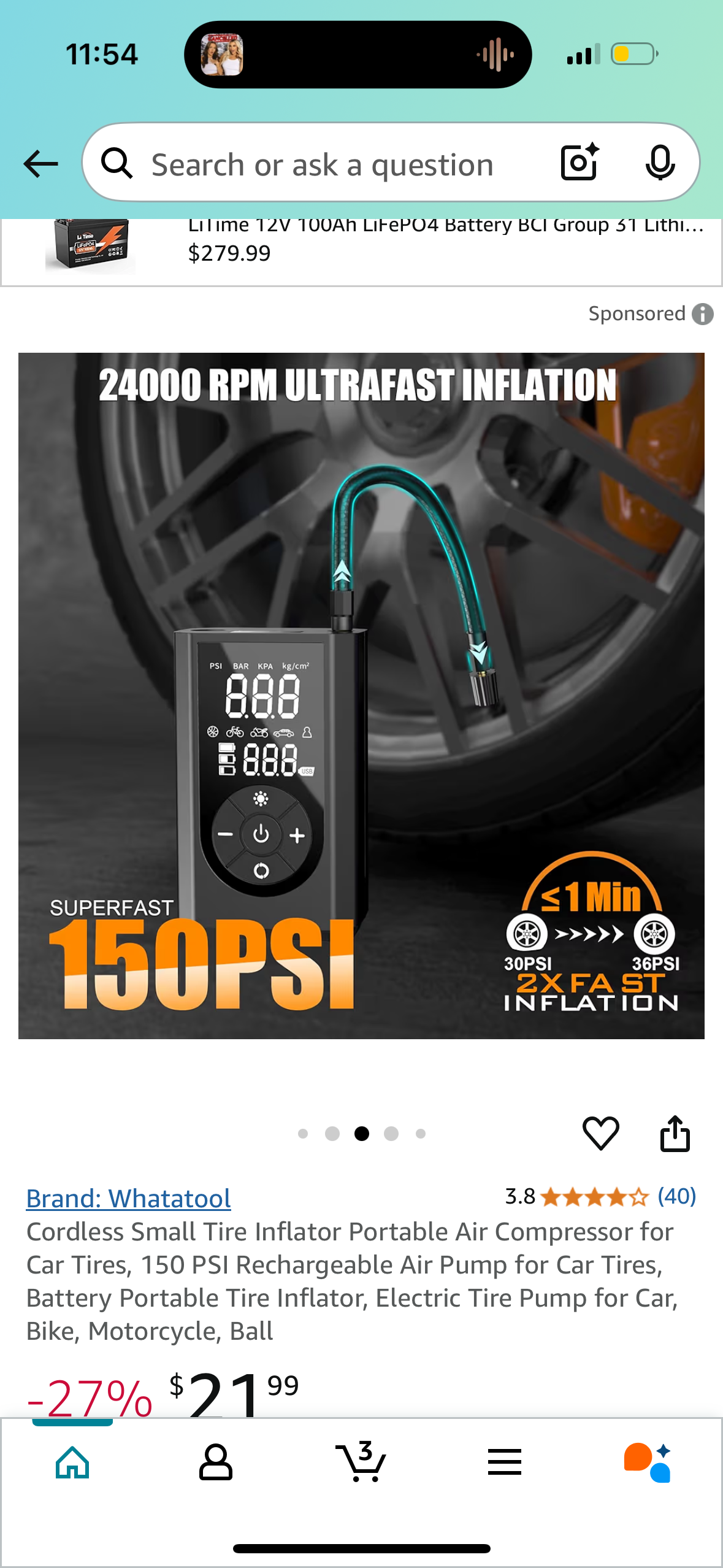 Cordless Small Tire Inflator Portable Air Compressor for Car Tires, 150 PSI Rechargeable Air Pump for Car Tires, Battery Portable Tire Inflator, Electric Tire Pump for Car, Bike, Motorcycle, Ball