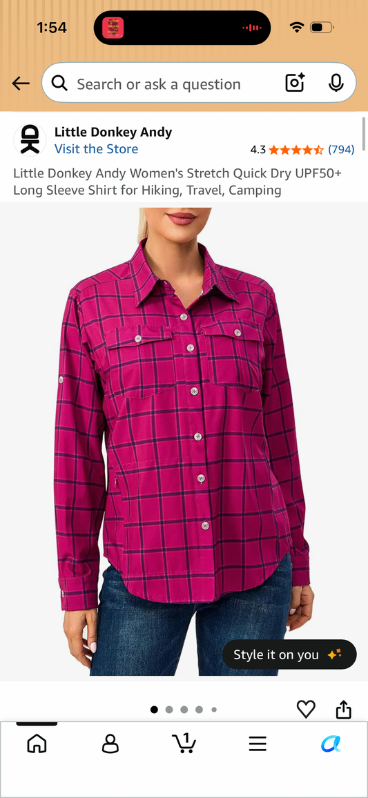 Little Donkey Andy Women's Stretch Quick Dry UPF50+ Long Sleeve Shirt for Hiking, Travel, Camping