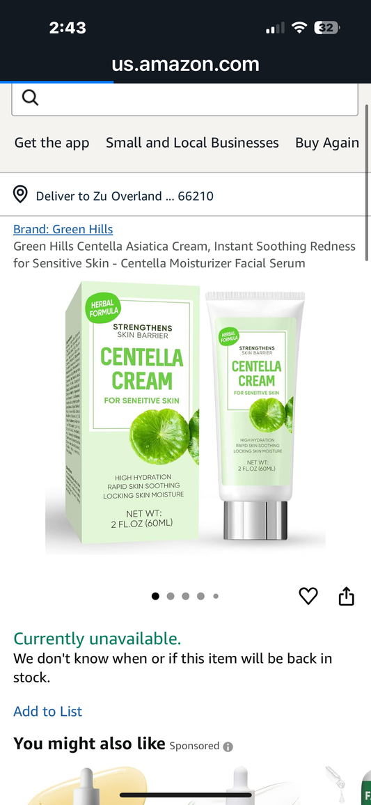 Green Hills Centella Asiatica Cream, Instant Soothing Redness for Sensitive Skin - Centella Moisturizer Facial Serum