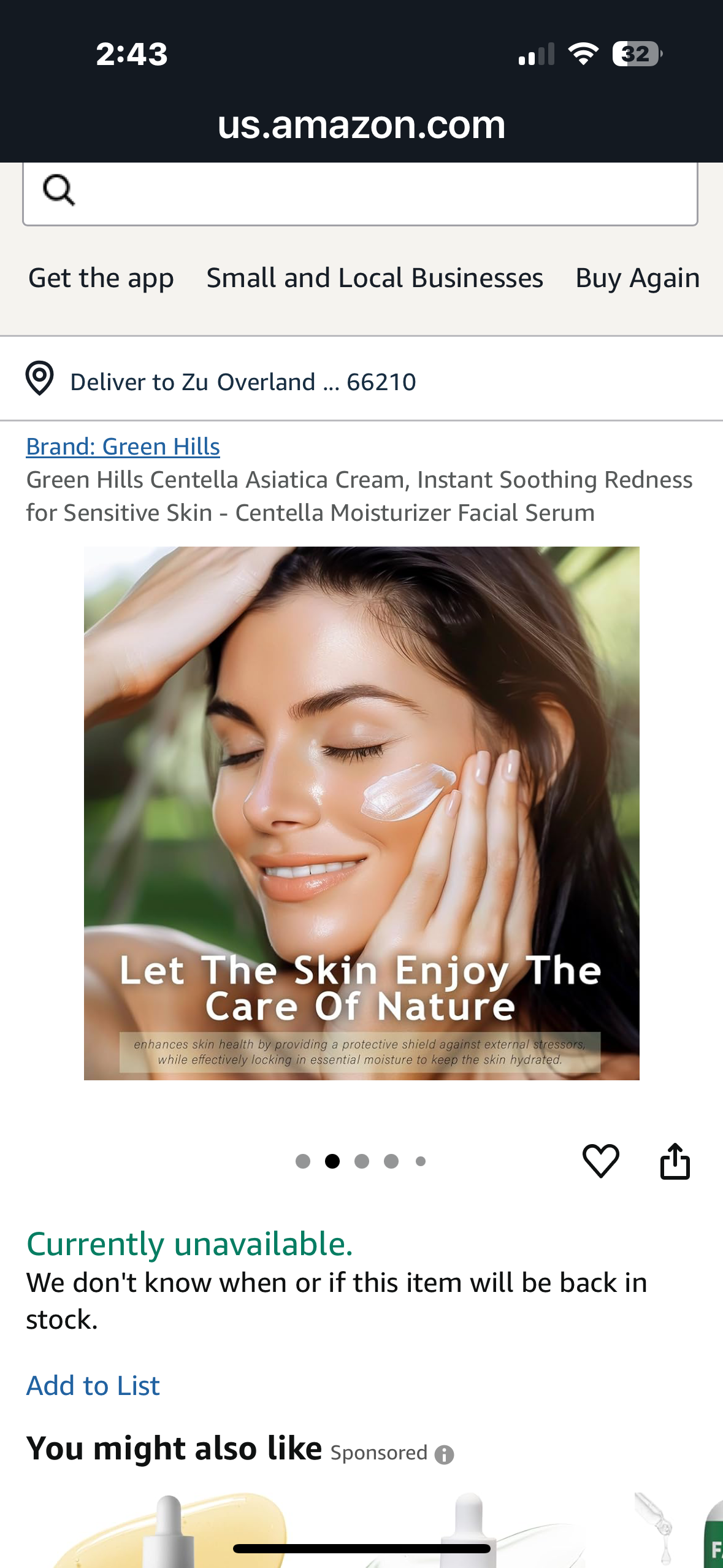 Green Hills Centella Asiatica Cream, Instant Soothing Redness for Sensitive Skin - Centella Moisturizer Facial Serum